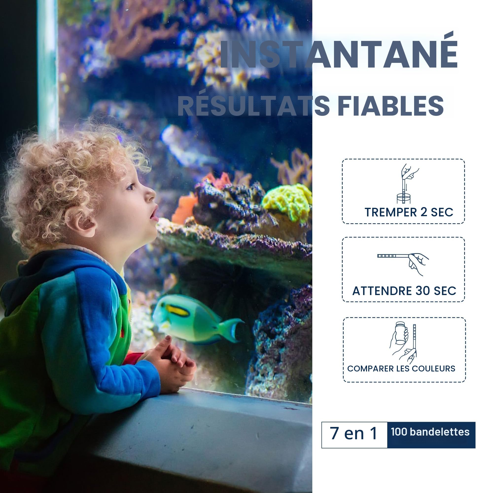 Test d'eau pour Aquarium, Bandelette de Test Eau 7 en1 Pour Alcalinité Totale,Dureté Totale, Dureté Carbonatée, PH, Nitrite, Nitrate, Chlore (100 Bandelettes)