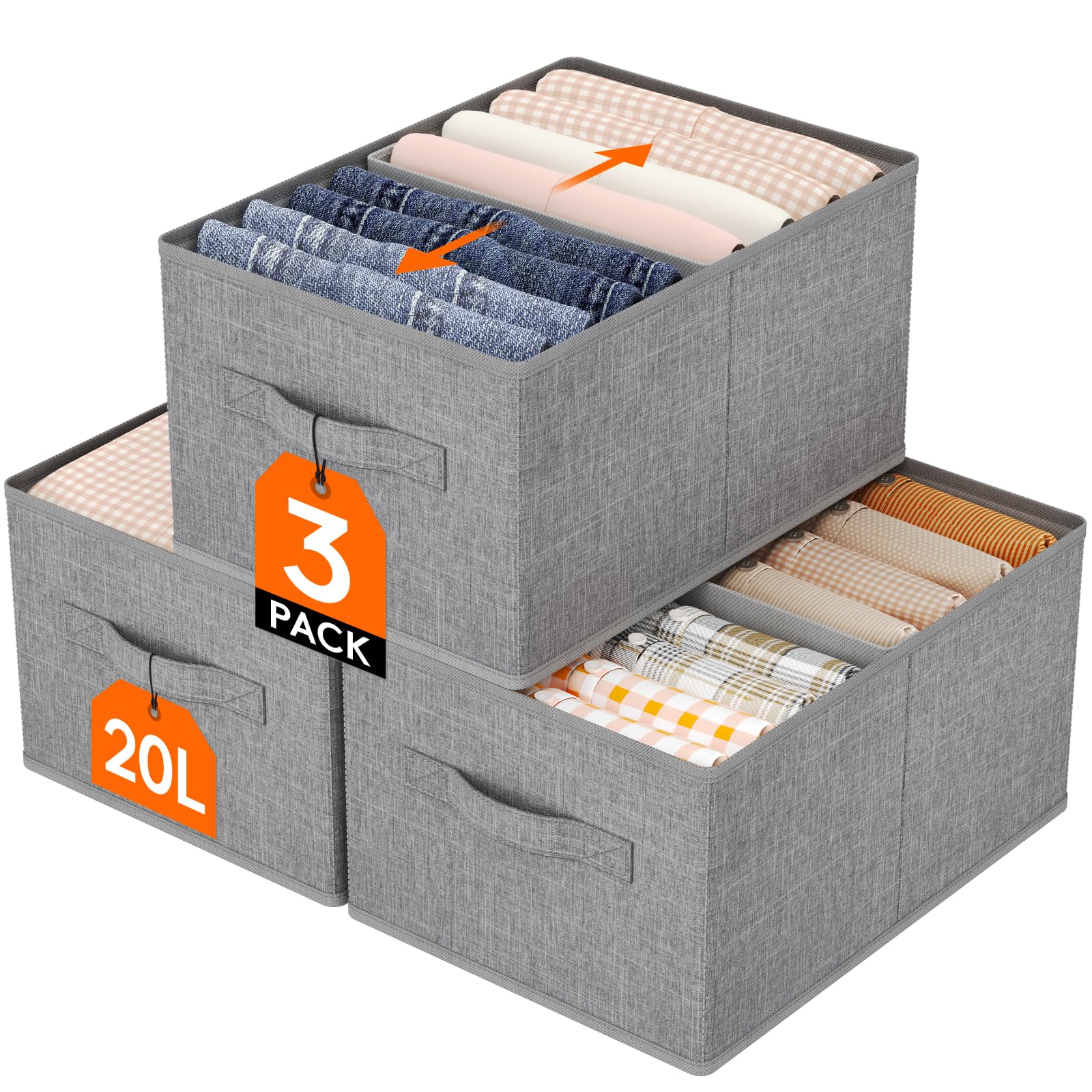 Lifewit Groß Aufbewahrungsboxen, Faltbarer Schrank Aufbewahrungskorb mit EntfernbareTrennwand, Stoff Kleiderschrank Organizer -Aufbewahrung Boxen für Kleidung, Hosen, Socken, 3er Set, 38 x 26 x 20 CM