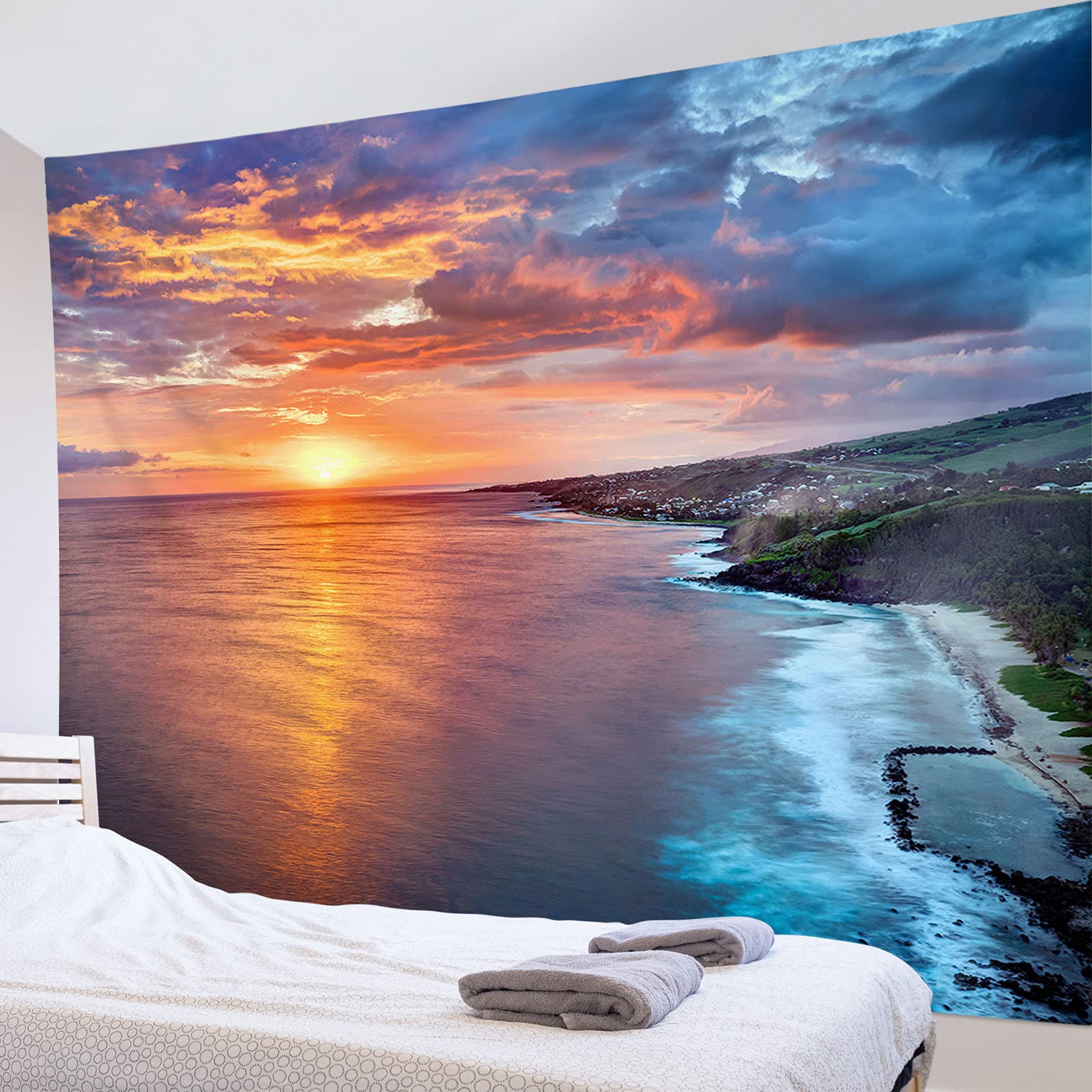 Amazon.co.jp: LB 夕方の風景画 タペストリー サンセット ビーチと海