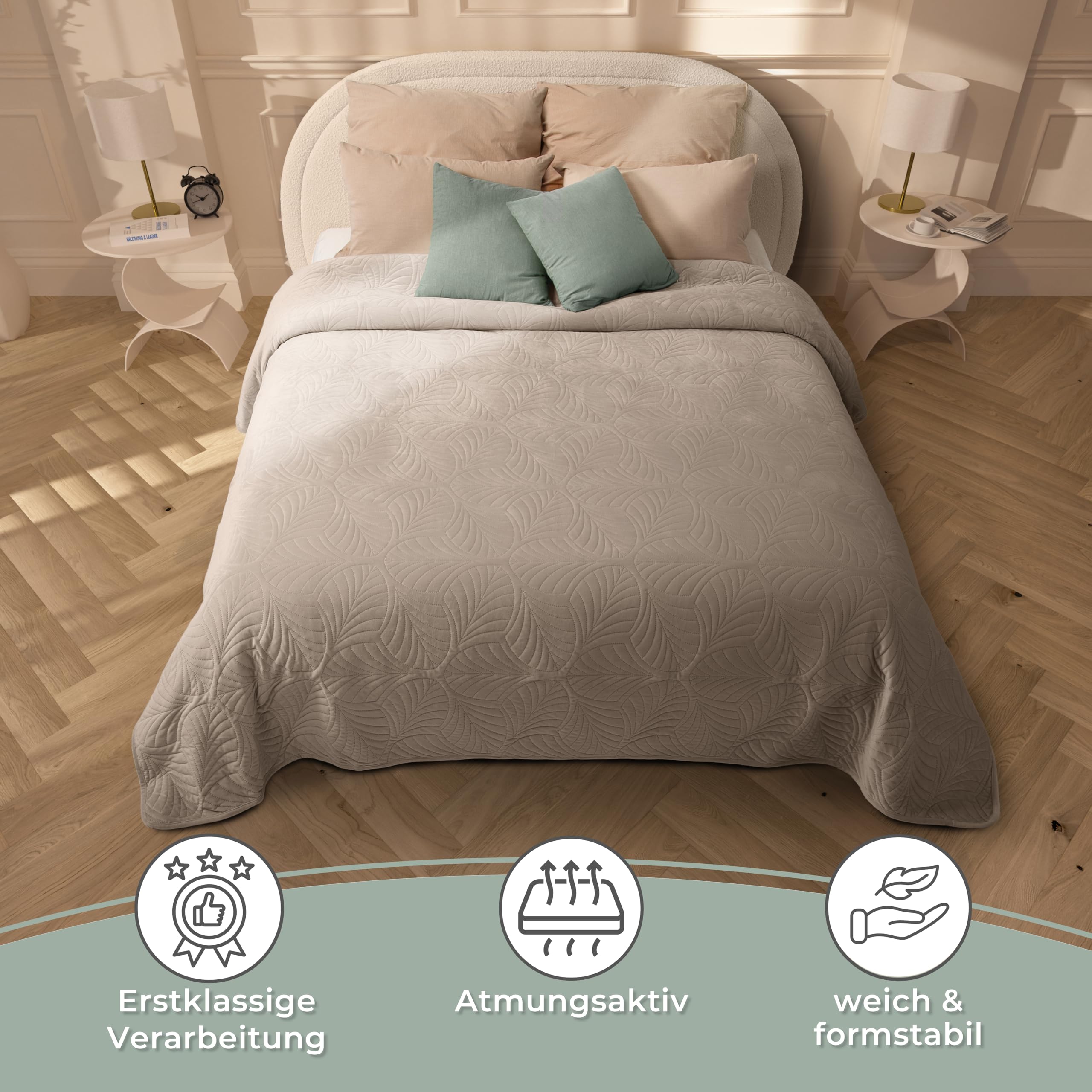 Gräfenstayn Premium Tagesdecke 220x240 cm – Bettüberwurf mit Nahtloser Steppung & Blatt-Design – Samt-Decke weich knitterfrei pflegeleicht (Taupe)