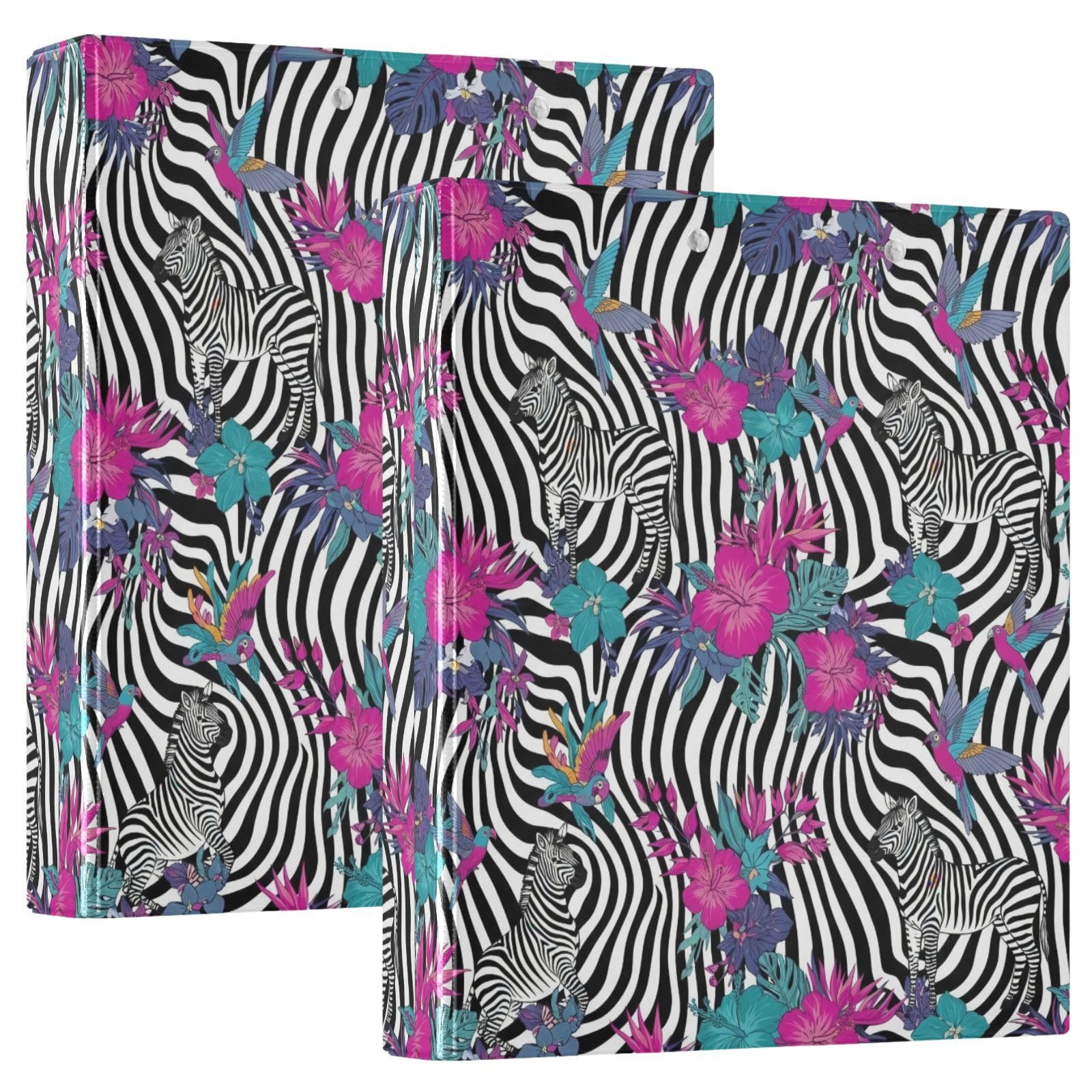 Raccoglitore a tre anelli con motivo floreale tropicale e zebrato, 3,8 cm, confezione da 2