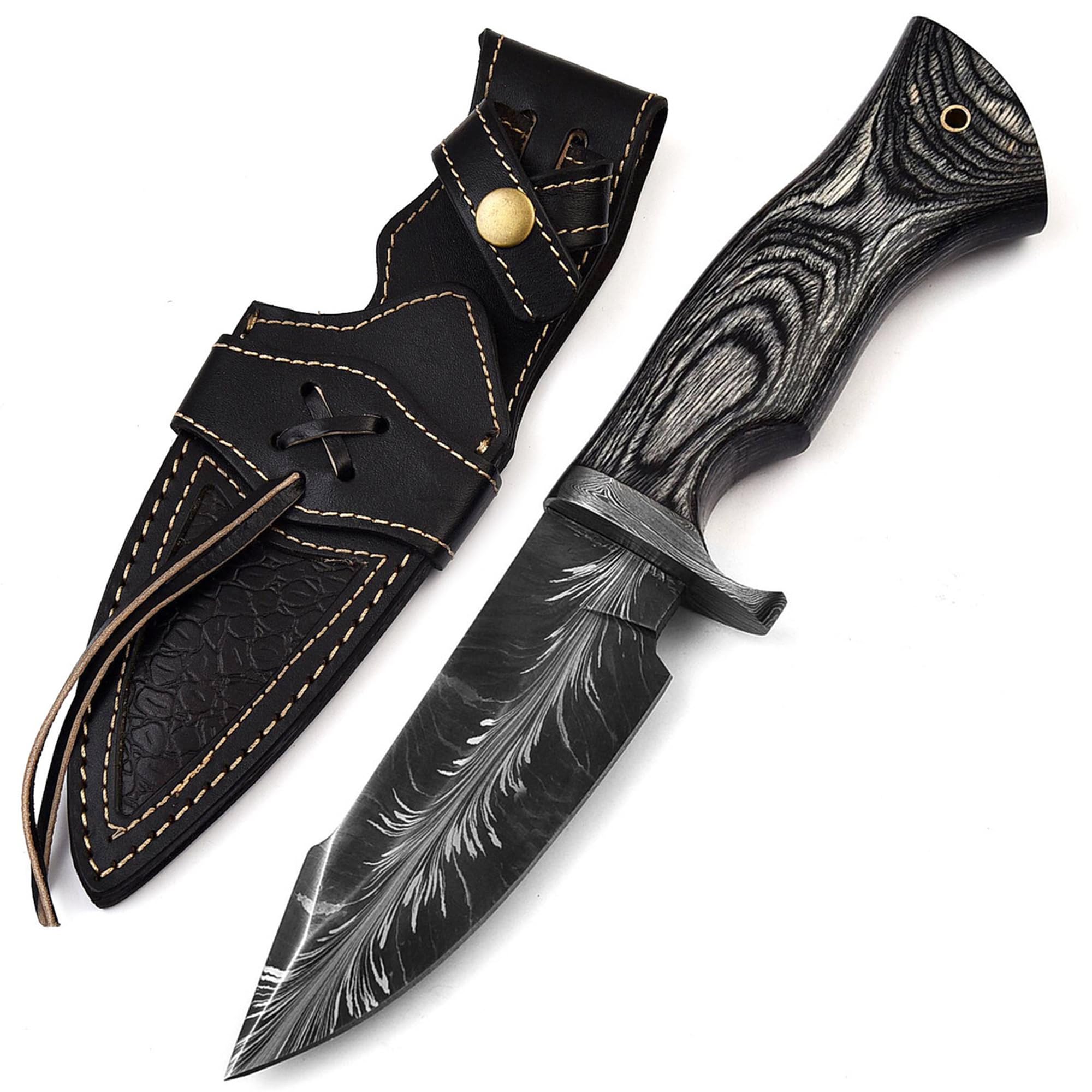 Armory Replicas™ - Damascus Steel Cindered Crown Feather Black Pakkawood Hunting Knife with Hand-Tooled Leather Sheath Outdoor, Survival, and Camping Gear