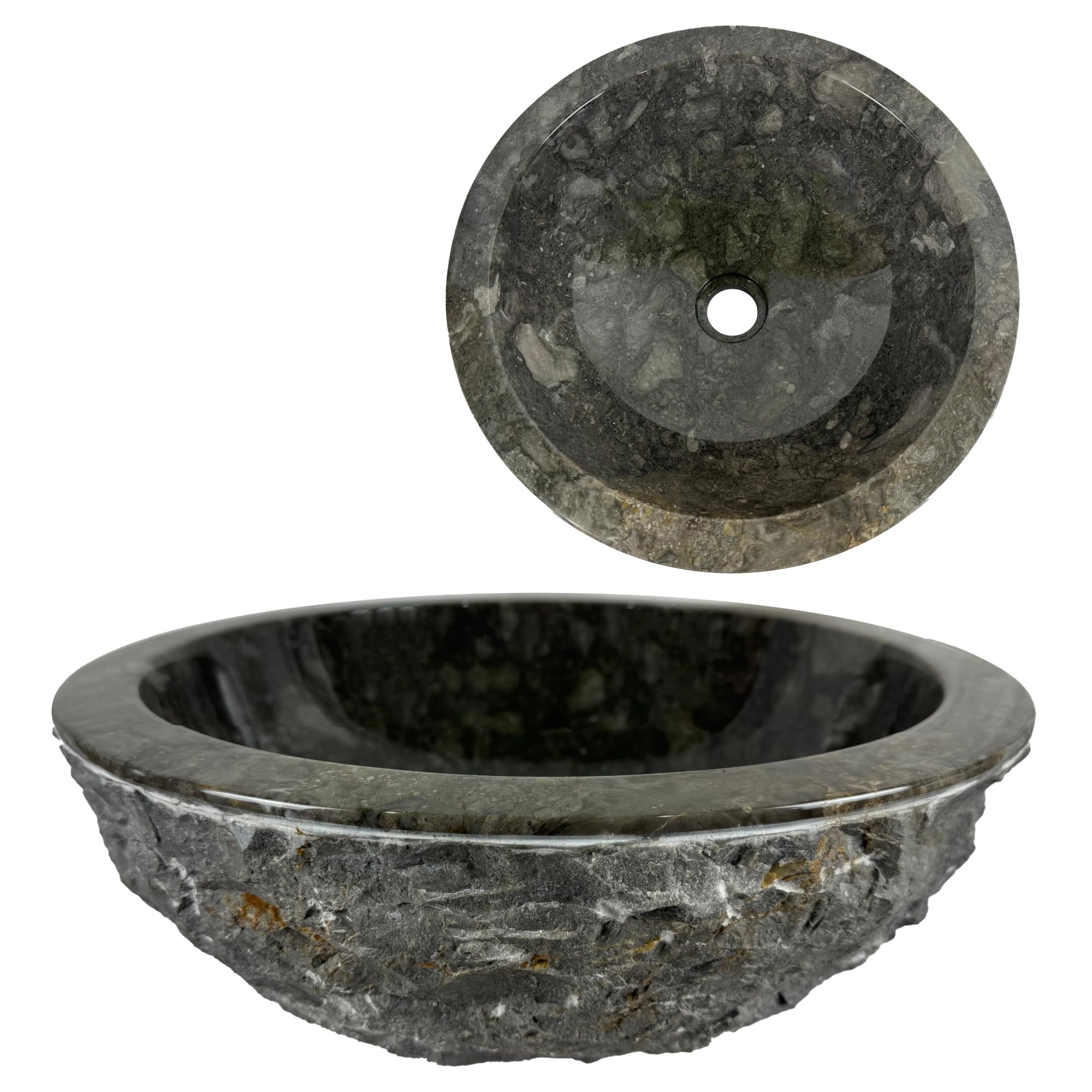 Lavabo Redondo 40x40x15 cm - Cuenca de Mármol - Piedra Natural - Fregadero para baño - Pulido y sólido (Gris)