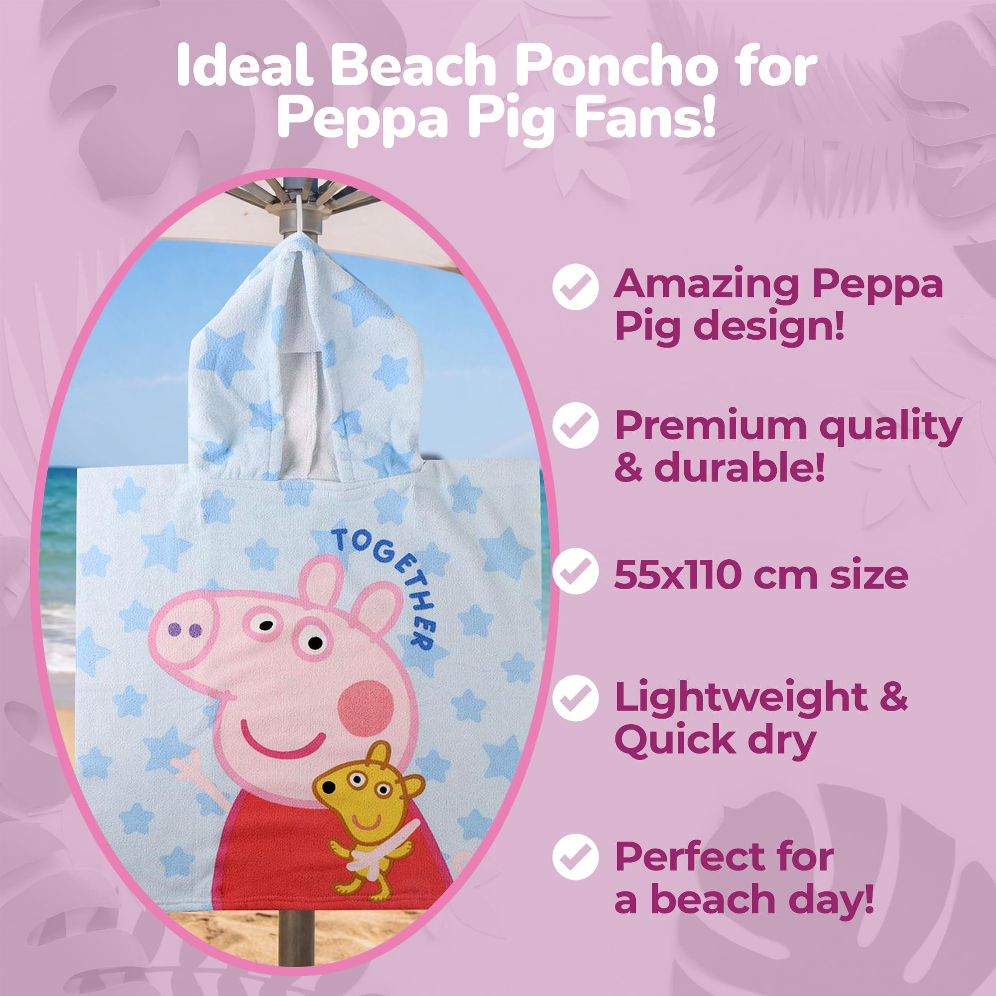 Peppa Wutz Together & Forever Kapuzenponcho Strand – 55x110 cm – Kinder – Leicht & Schnelltrocknend - Offizieller Peppa Wutz Kapuzenponcho