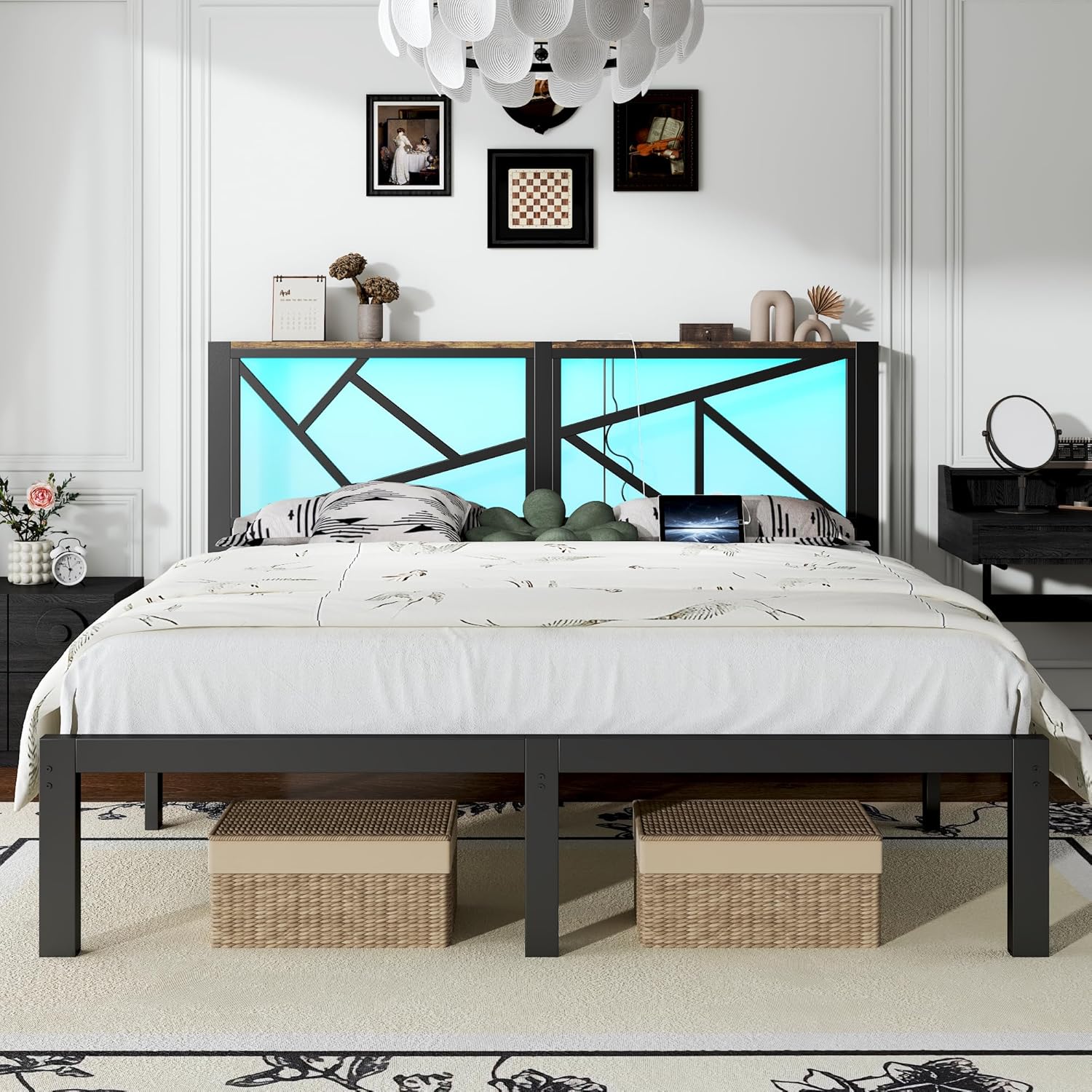 ChicZhiNest King Size Black Metal Bed Frame with USB Charging Station, LED Ambient Lighting, and Wooden Storage Headboard - Includes Under-Bed Storage, No Box Spring Needed, Noise Free, Easy Assembly