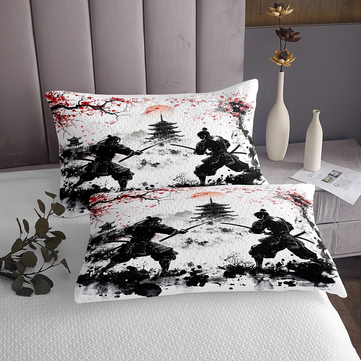 Homemissing Juego de colcha samurai japonesa, tamaño individual, diseño de flores de cerezo, para niños y niñas, decoración de flores de Sakura, colcha acolchada estilo japonés