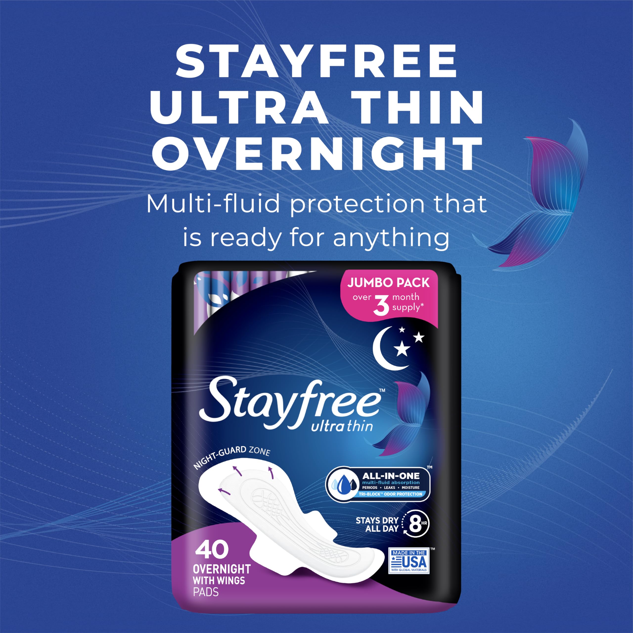 Stayfree Ultra Thin Nachtbinden mit Flügeln für Damen, zuverlässiger Schutz und Saugfähigkeit von Ausfluss und Monatsperioden, 40 Stück – 3 Packungen