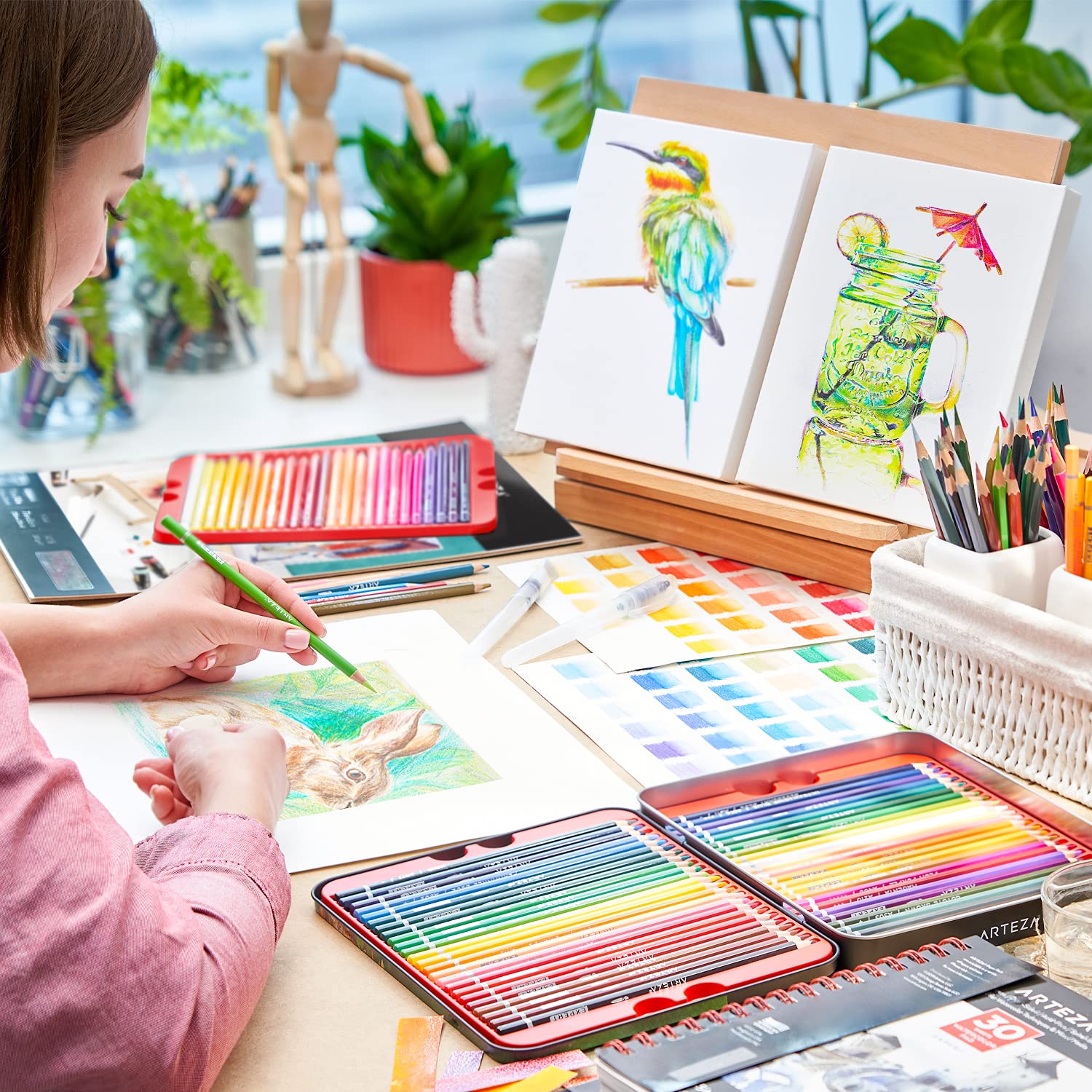 Arteza Aquarell Set mit 48 Aquarell-Buntstiften, Aquarellstifte Set und faltbarer Leinwandblock, Malset für Erwachsene, Künstlerbedarf für Kinder, Profis und Hobbymaler, 48 Farben