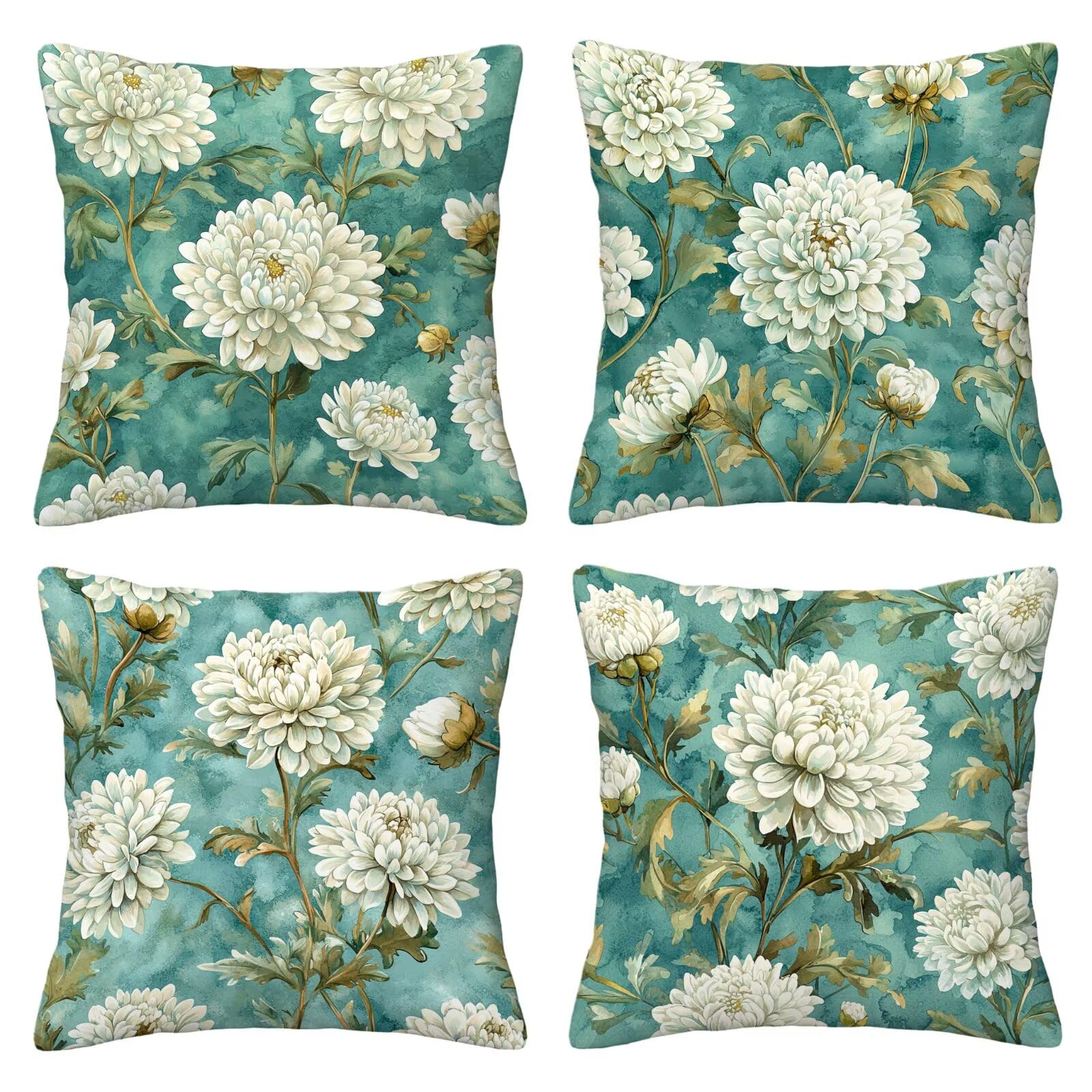 Juego de 4 Funda de Cojín Exterior Impermeable, 55x55 cm Fundas Cojínes Verde Salvia de Lino, Exterior Impermeable Lino Cojín Peonía Decorativo, Fundas de Almohada para Patio Balcón Jardín Sofá R-86