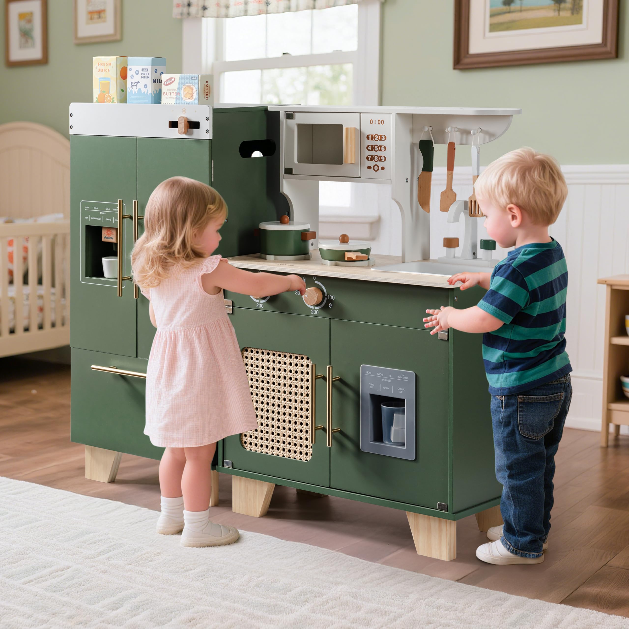 Cuisine en Bois Enfant, Jeu de Cuisine avec Machine à Café, Cuisinière