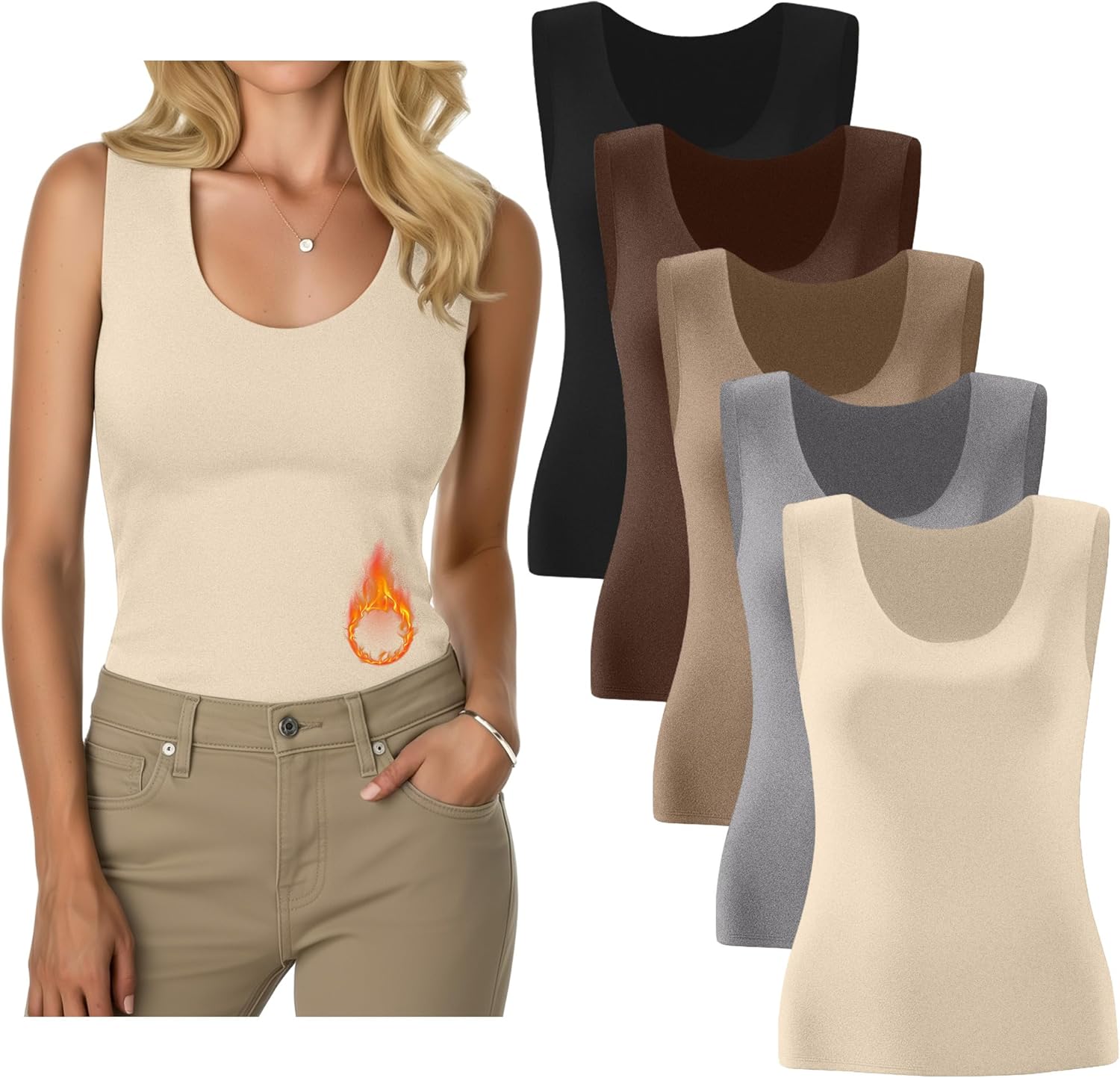 5 Pack Women's Thermal Tank Tops Fleece No Hem Thermal Underwear Sleeveless Tops Camisole Warm Base Layer