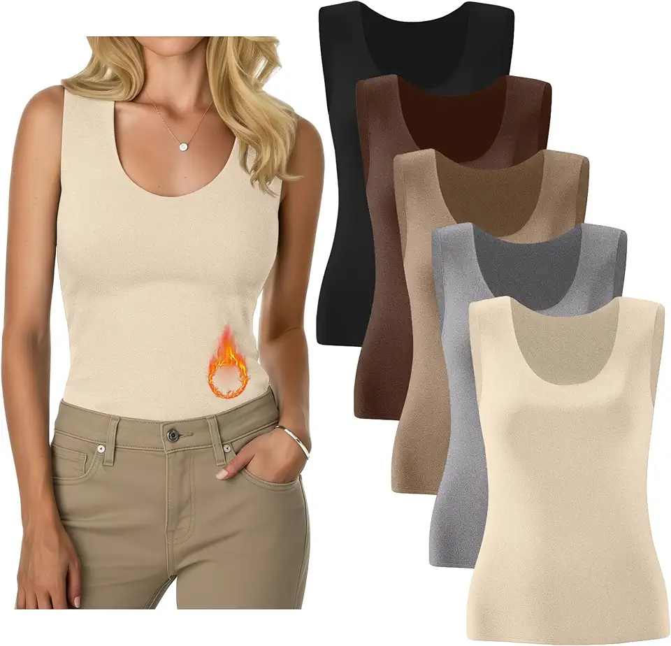 Pacote com 5 regatas femininas térmicas, forro de lã, bainha crua, roupa íntima térmica, sem mangas, camisola, camada de base quente