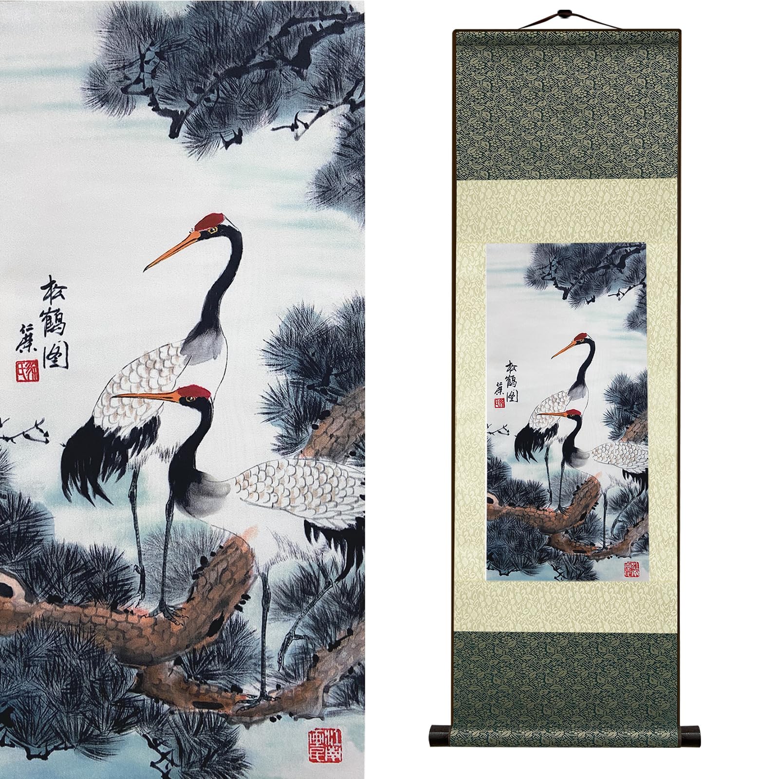 Newscz Bedroom Wall Art Silk Scroll Animal Red Crowned Crane Wall Painting Japanese Crane Posters Wall Tapestry Asian Art House Decoration for Home Living Room Lounge Decor 36 by 12 in(HJ-K001)
