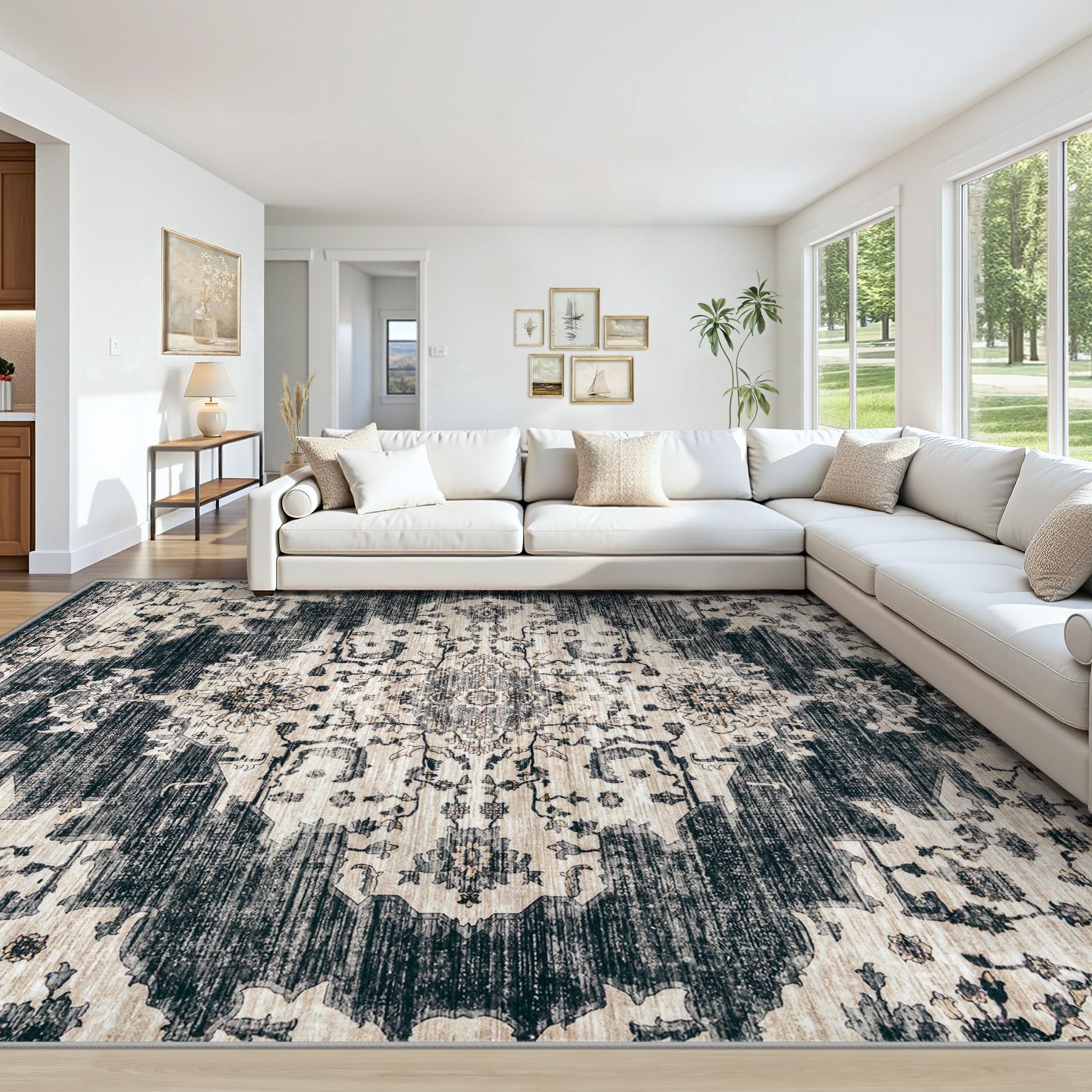 10x14 Area Rugs Washable Rug: Large Vintage Living Room Rugs with Non-Slip Backing Low Pile Rug Soft Indoor Floor Carpet Non Shedding Neutral Carpet for Bedroom Dining Room Farmhouse Nursery Black