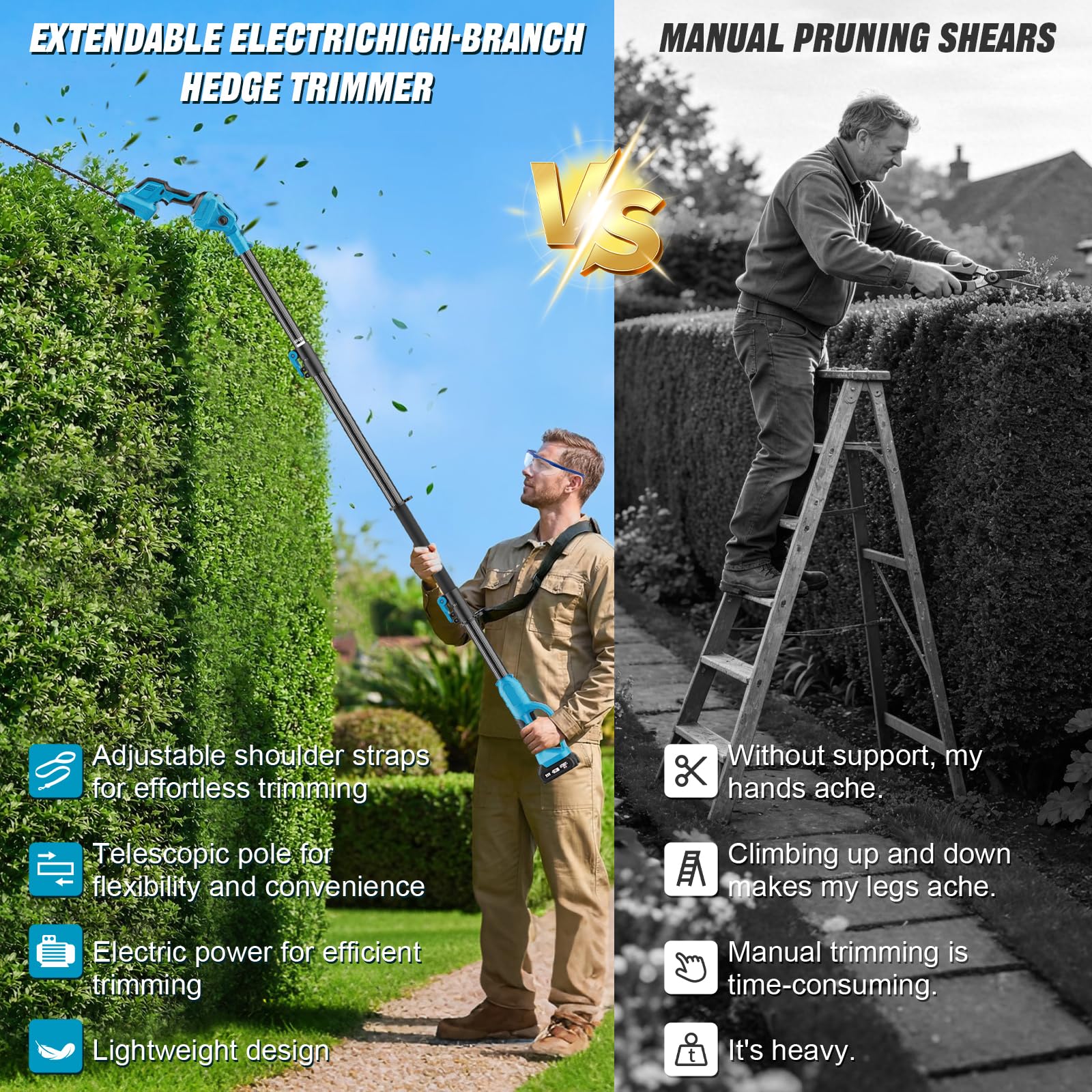 Taille Haie Telescopique Batterie sans Fil avec Perche 2 en 1, Élagueuse sur Perche avec Moteur de 550 W 2 Batteries Taille Haies Électrique, Angle Réglable, Idéal Jardin Verger Taille Haie