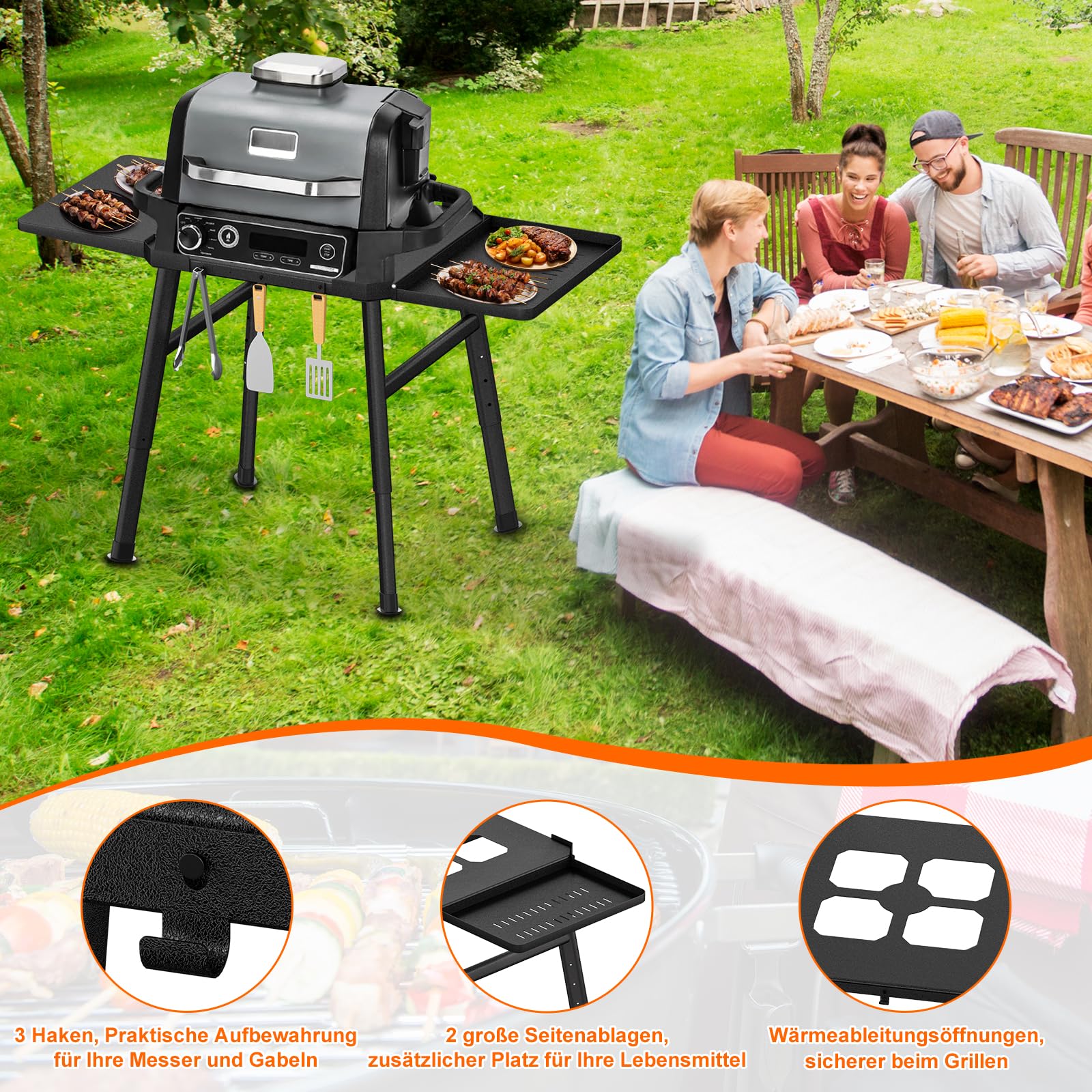 Grillständer für Ninja Woodfire Außenofen Serie und Grillständer, Beweglicher Ständer zum Ninja Woodfire mit Beistelltisch,Pizzaofenständer Grillzubehör