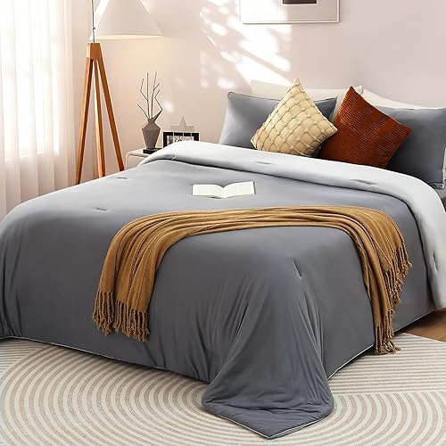 Elegear Juego de edredón tamaño Queen gris, 3 piezas, ultra suave, cálido, reversible, PCM que regula la temperatura, edredón alternativo ligero