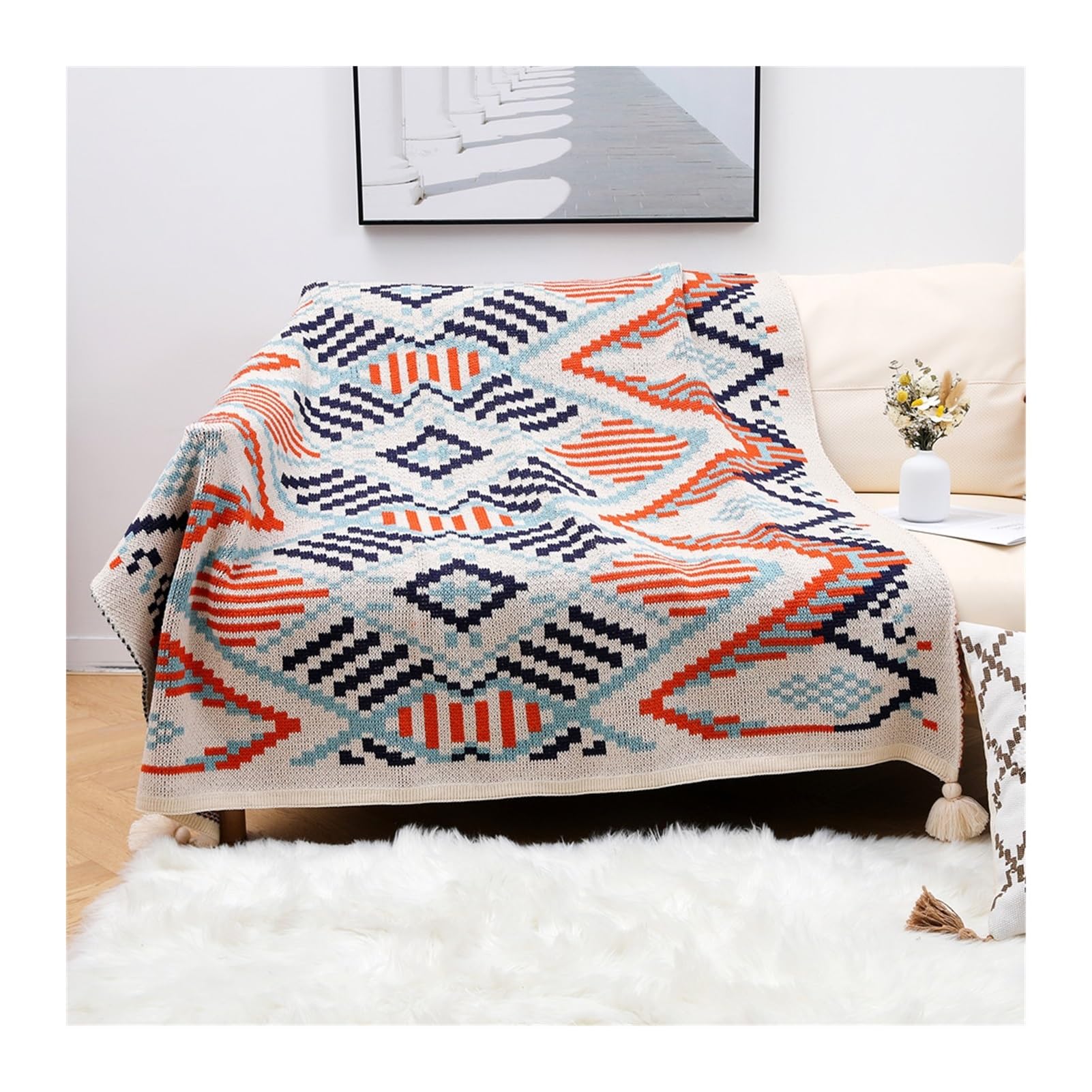 DHJKFU Bohemian Wave Tassels Yarn Knit Throw Blanket for Couch