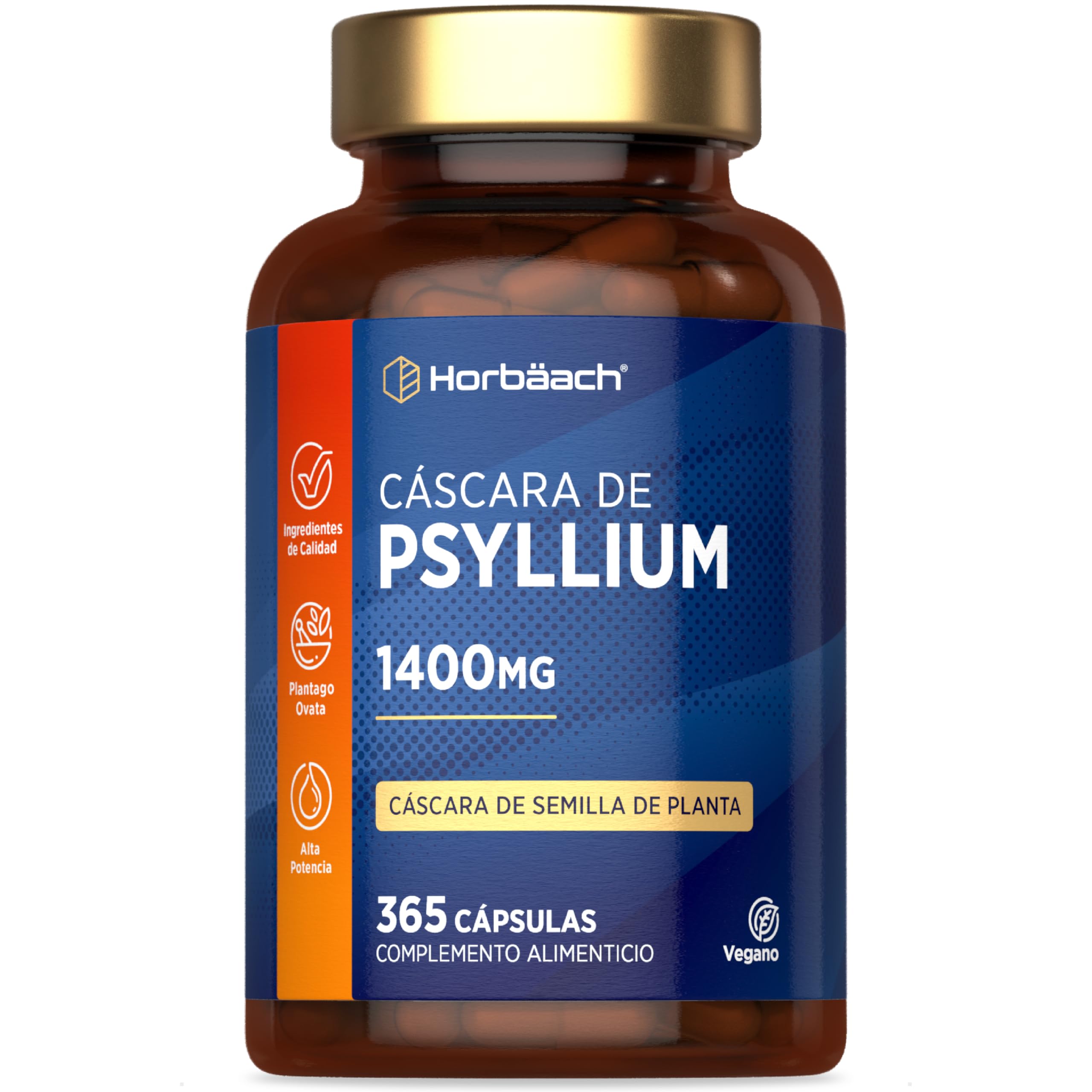 Psyllium Husk 1400 mg | 6 Meses de Suministro - 365 Cápsulas Veganas | Cáscara de Psyllium | Fibra de Psilio | Suplemento Fuente de fibra | Prebiótico Natural | Horbaach
