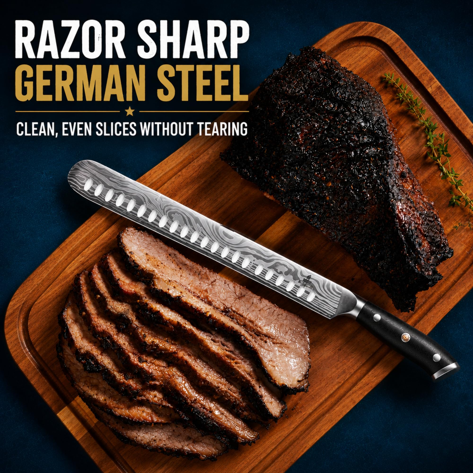Brisket Knife Set for Meat Carving - 12" Slicing Knife + 6" Curved Boning Knife & Carving Fork for Effortless Meat Cutting, Full Tang & Ergonomic - Razor Sharp German Steel, BBQ Grilling Gifts for Men — Amazon image 3