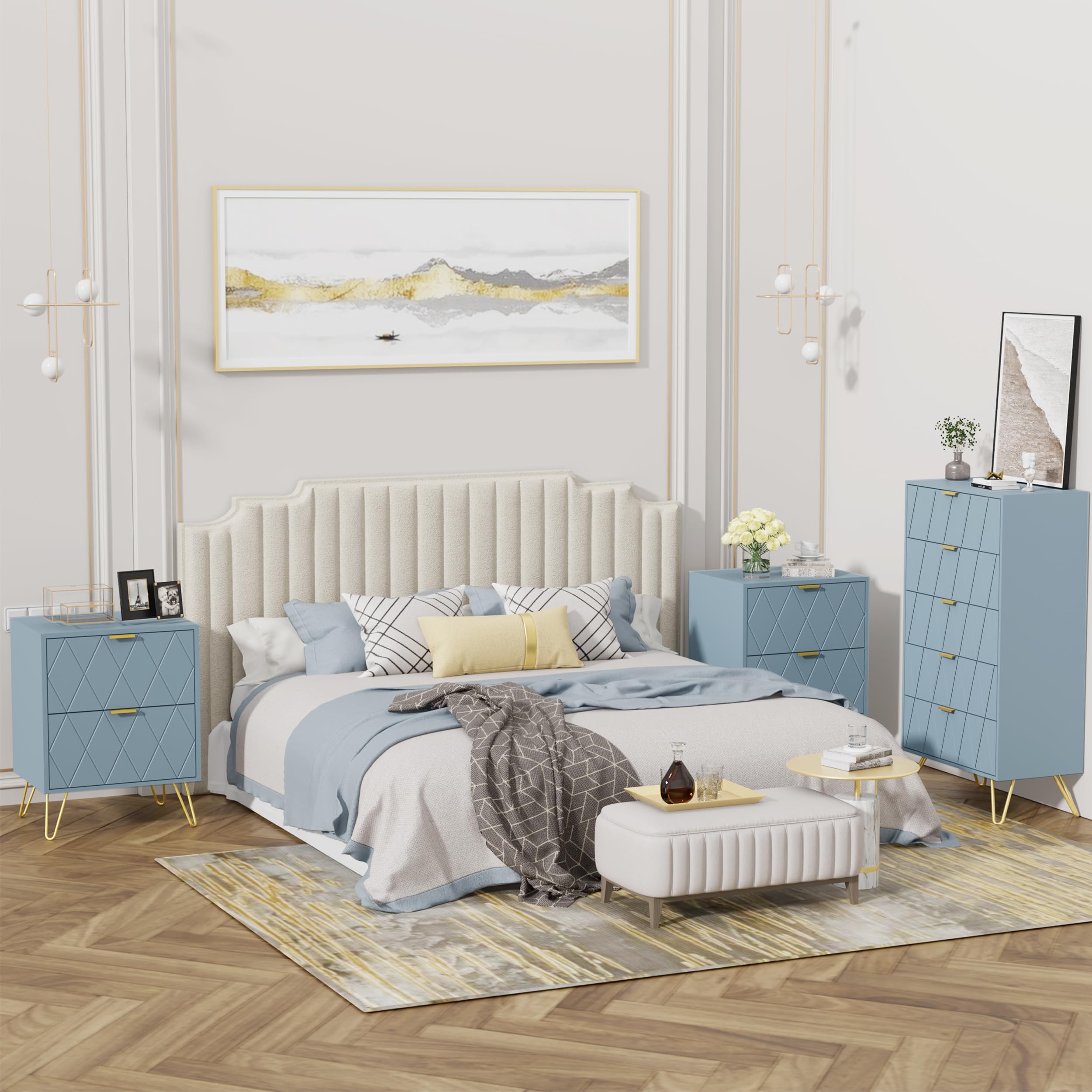 UEV Cassettiera a 5 Cassetti, Comò con Modello di linee di superficie in Legno Ingegnerizzato, con Maniglie e Gambe Dorate, per Soggiorno, Camera da Letto, Corridoio, 60 x 34 x 110 cm, Grigio-Blu