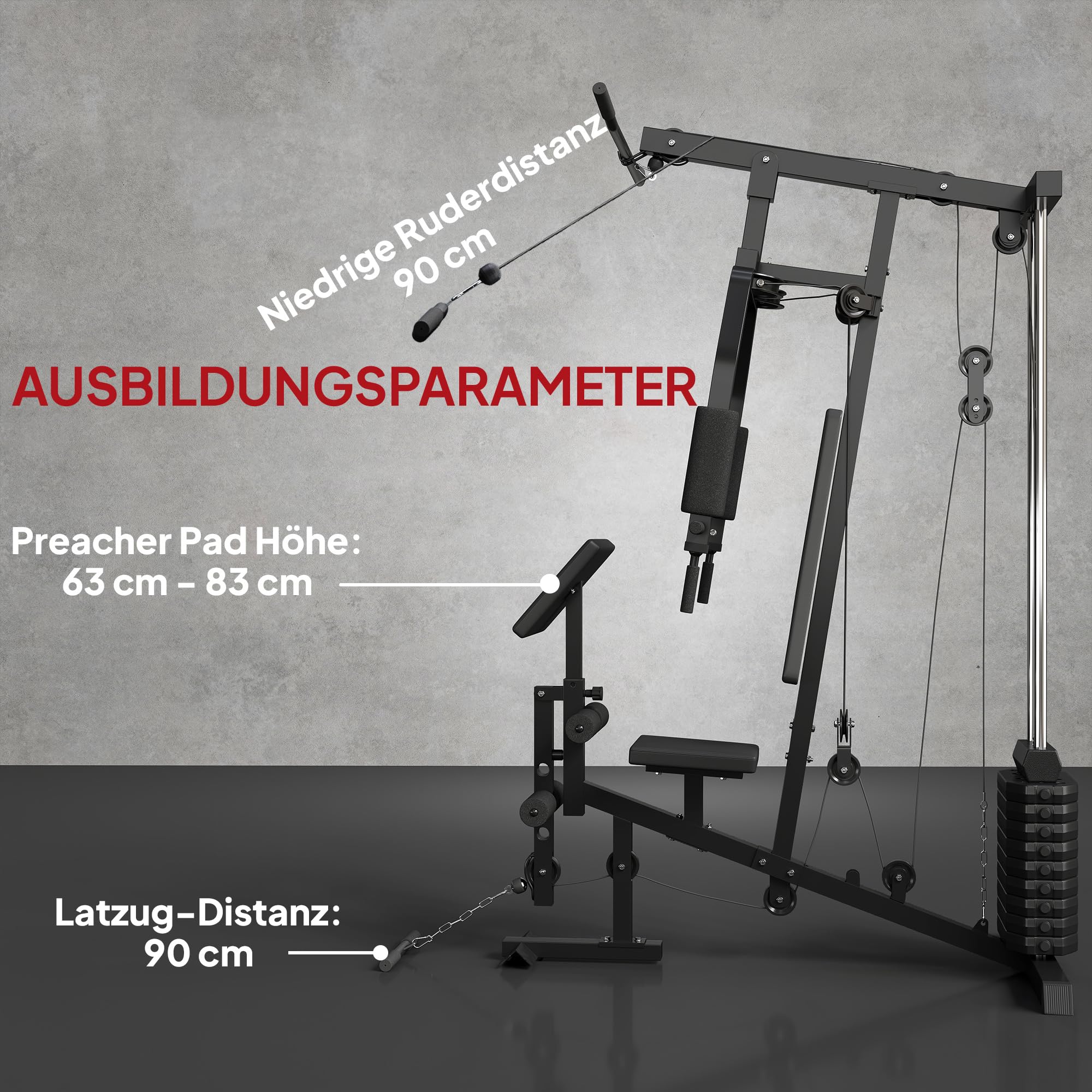 HOMCOM Kraftstation für Zuhause Fitnessstation mit Latzuggerät, Kabelzug, kurzer Bizepsstange, Brustpresse, Beintrainer, Butterfly-Maschine 45kg Gewichten Multifunktion Fitnessstation Schwarz