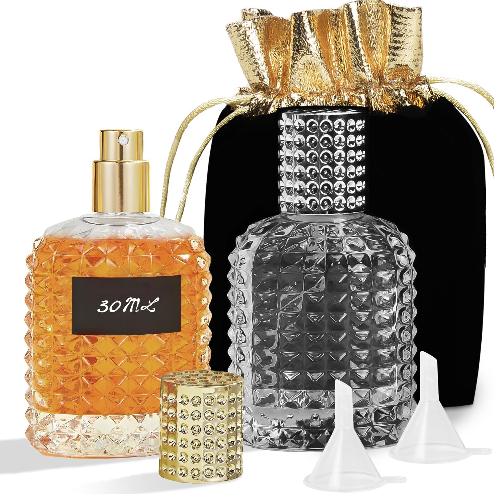Luxsego Perfume Bottle Atomizer 30ML Refillable Fine Mist Spray Bottles, Empty Glass Essential Oil Container for Travel, Handbag or Date, With Storage Bag & Funnels(Retro)