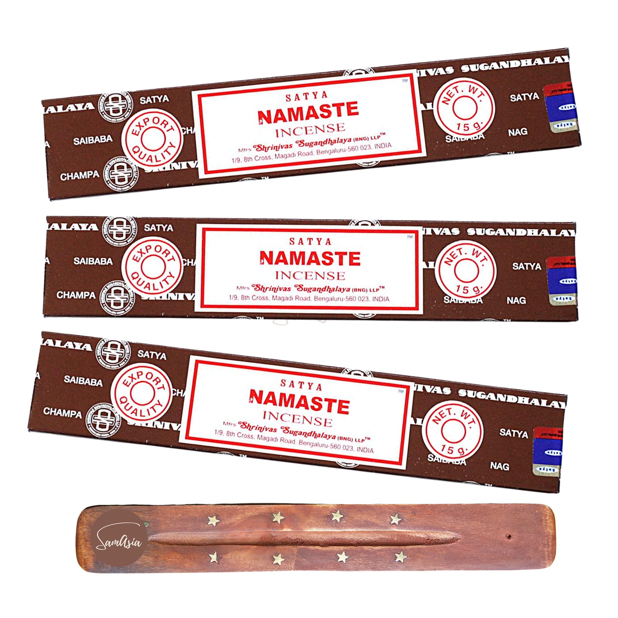 Satya Nag Champa Namaste Incense Sticks | x3 pack | with SAMASIA incense sticks holder | Used for Aromatherapy, Spa, Yoga, Weddings, Meditation, Healing, Positivity and Relaxation