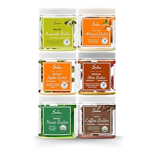 SULU ORGANICS Juego de 6 mantecas corporales prensadas en frío, ideal para cualquier ocasión, contiene mantequilla de aguacate, mantequilla de