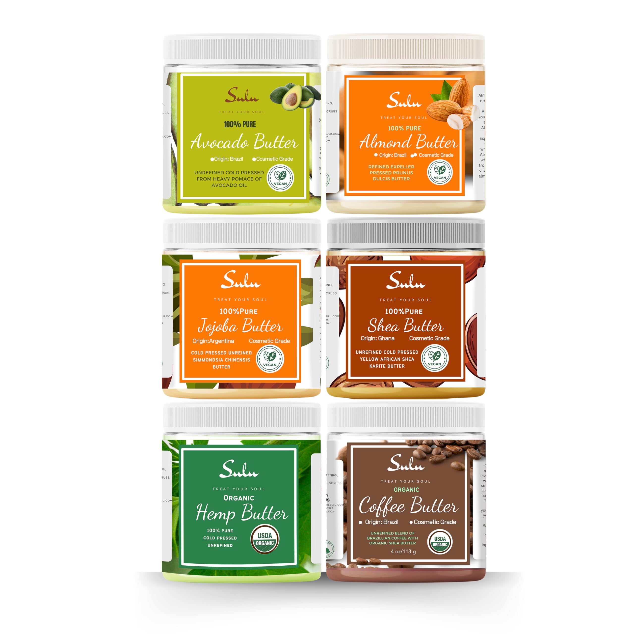 - SULU ORGANICS Set of 6 Cold Pressed Body Butters ideal gift set for any occasion, contains: Avocado Butter,Almond Butter, Hemp seed Butter, Coffee Bean Butter, Shea Butter Unrefined, Jojoba Butter