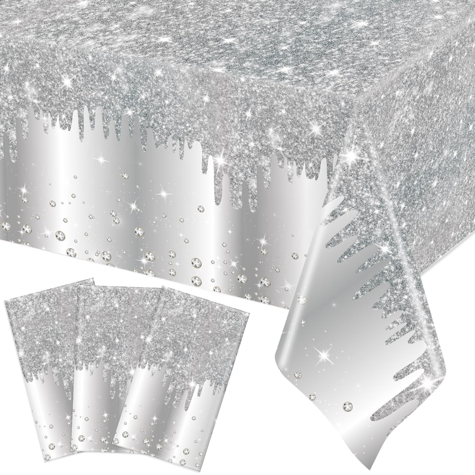 Ganeen 3 Pcs Silver Tablecloths Diamond Disposable Plastic Table Cover
