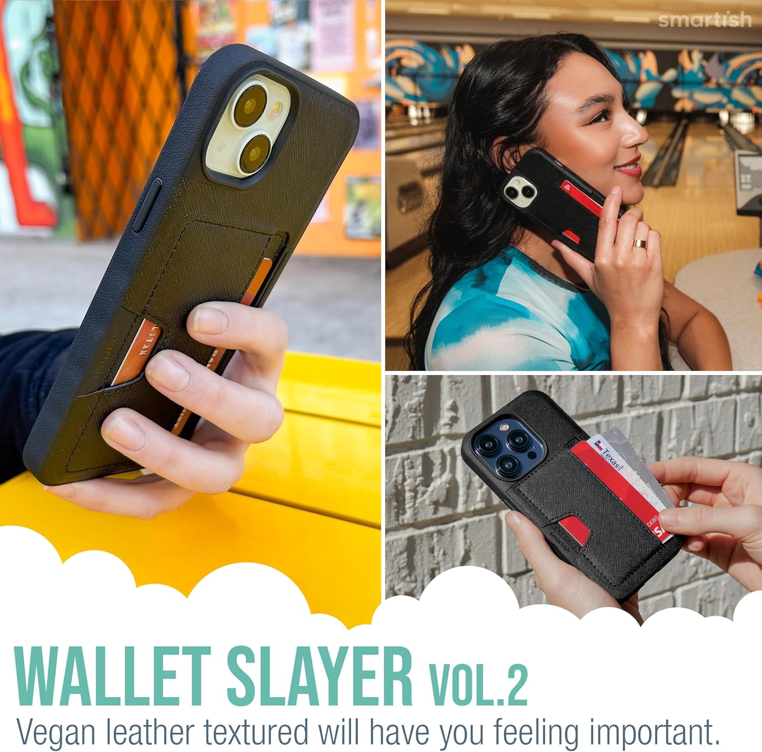 Smartish® iPhone 15 Pro Wallet Case - Wallet Slayer Vol. 2 [Slim + Protective] Credit Card Holder w/Kickstand - Drop Tested Hidden Card Slot Compatible w/Apple iPhone 15 Pro - Black Tie Affair - Image 7