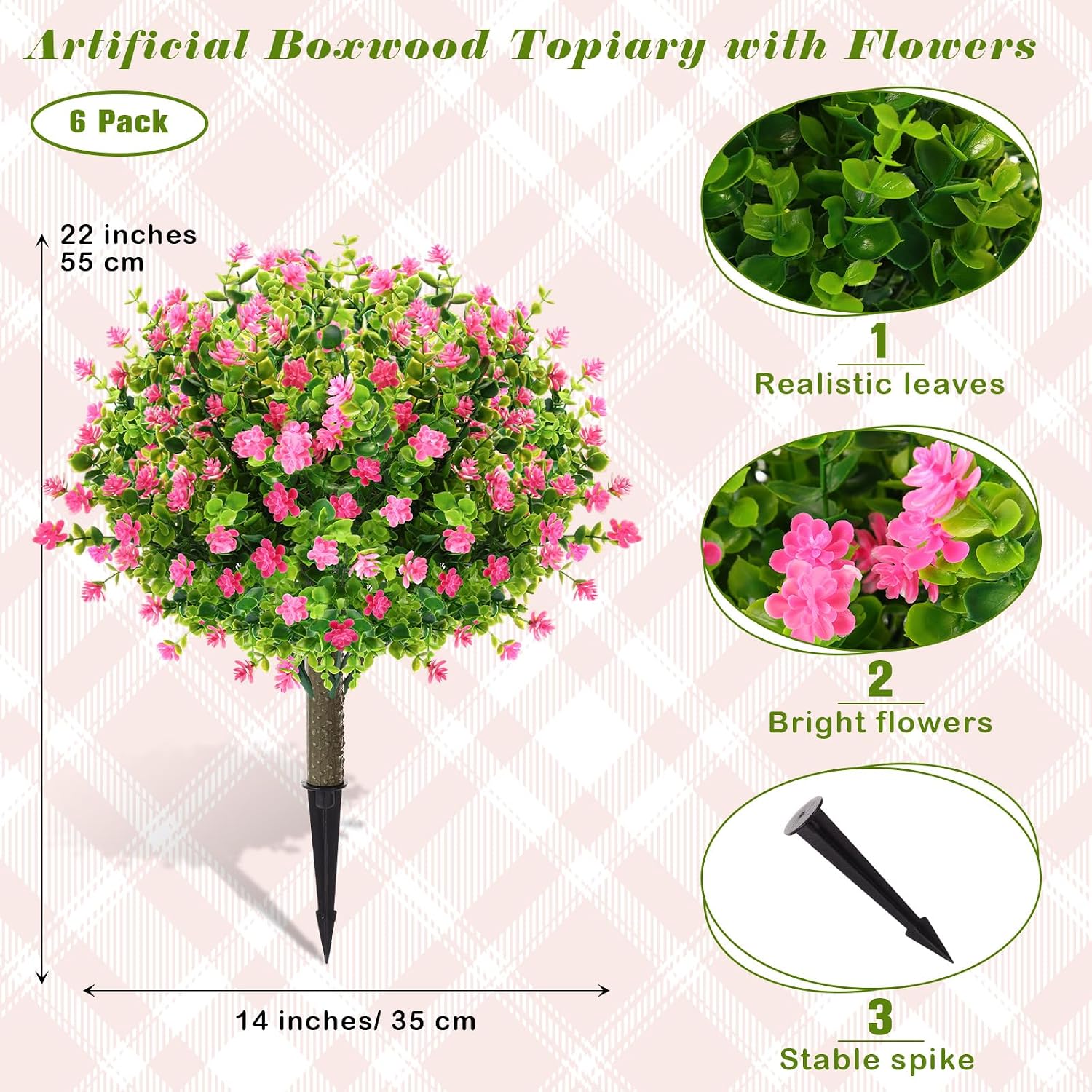 Yunlly 6 Pcs Outdoor Artificial Topiary Ball Trees 22" with Colorful Flowers, Boxwood Fake Bushes Shrubs with Spike, UV Resistant Evergreen Plants for Front Porch Garden Decor (Light Pink)