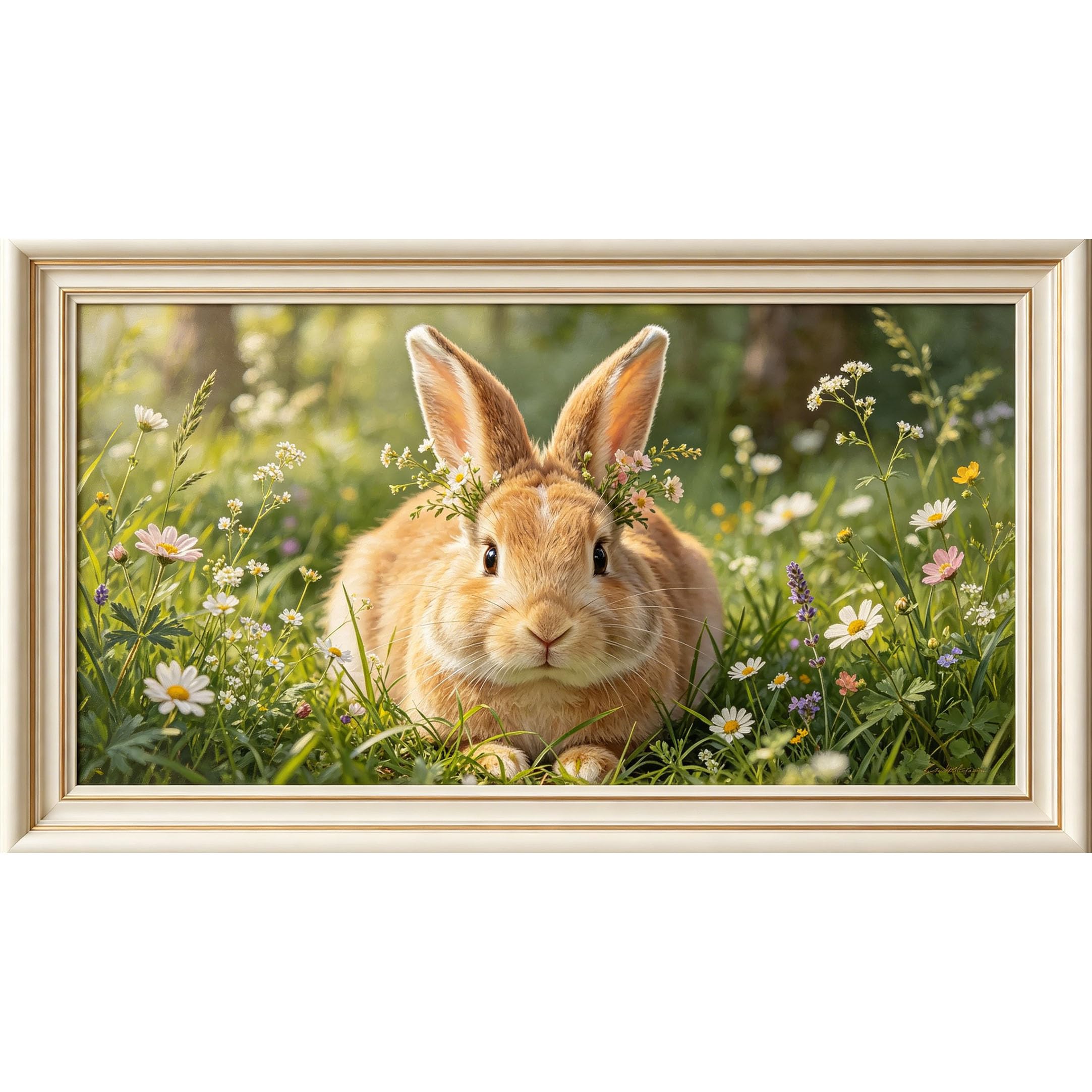 QZLITHOTIC 50x90cm3D Framed Wall Art， Botanical Bunny in Wildflower Meadow Self‑Adhesive Mural， Water‑Activated Peel & Stick Fabric Decor Wall Decal for Bedroom Living Room