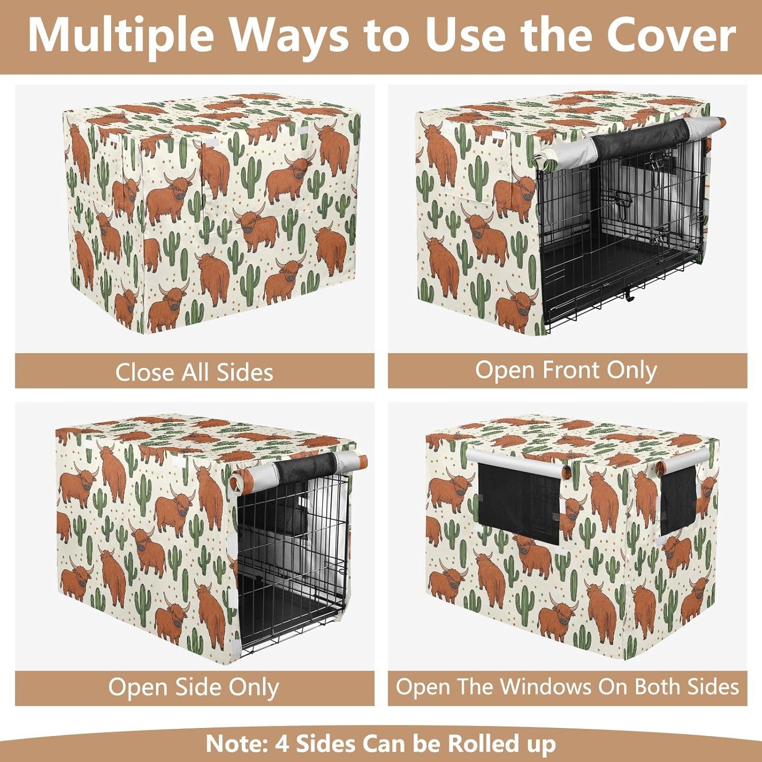 Duty 600D Silver Coated Dog Crate Cover, Water-Resistant Highland Cow Pet Kennel Canopy with Mesh Windows for Optimal Ventilation, Universal Fit for Standard Wire Cage, Indoor & Travel