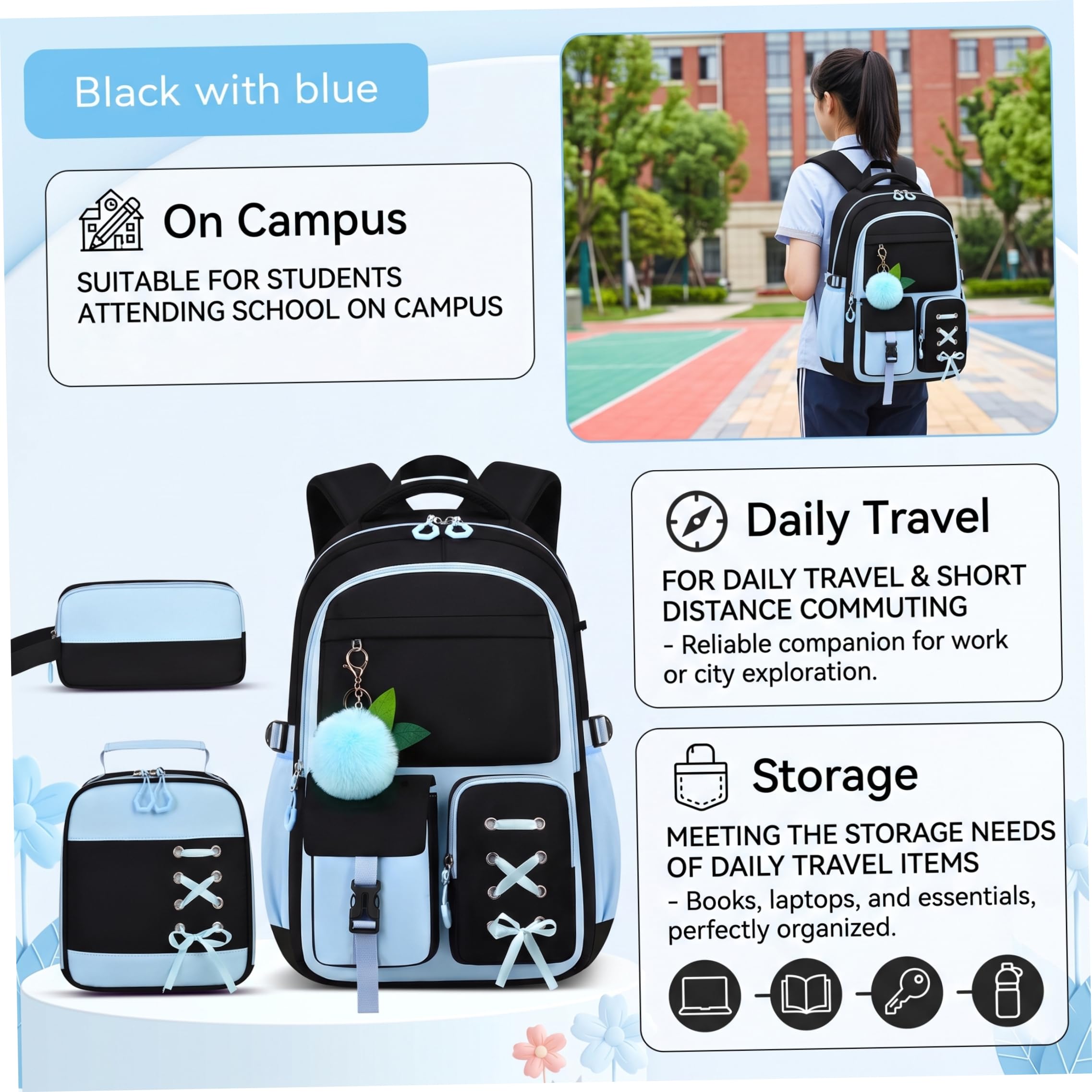 Zaino per ragazze con portapranzo, zaino con fiocco da 3 pezzi, multitasche blu con cinghie traspiranti, poliestere impermeabile per la scuola e i viaggi delle ragazze