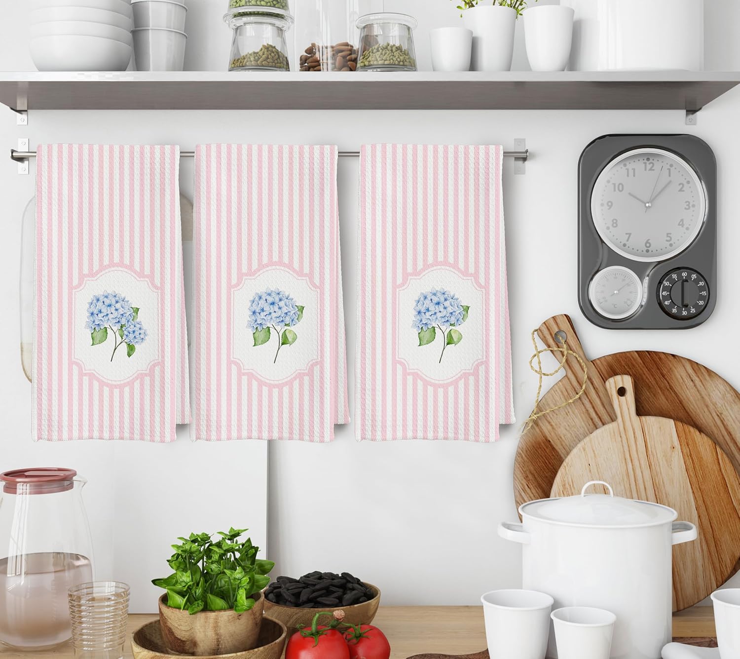 Pink Striped Blue Hydrangea Floral Kitchen Towels, Preppy Hydrangea Flower Dish Tea Towels, Cottagecore Flower Botanical Decorative Hand Towel for Kitchen Bathroom, 16x24 Inch Set of 3 - Image 2