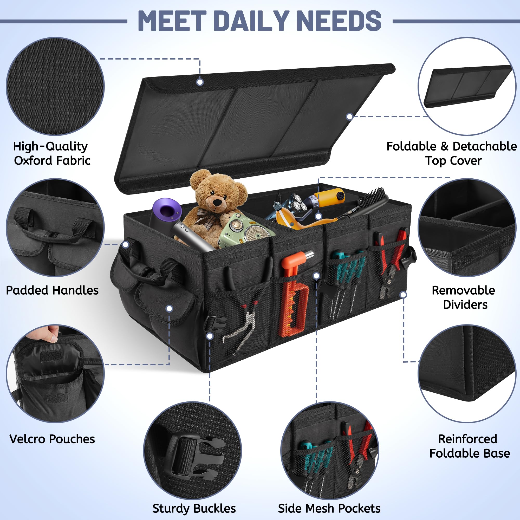 Organizer per bagagliaio di alta qualità con coperchio, stabile e antiscivolo, pieghevole, grande con doppio ripiano, organizer per bagagliaio (nero con bordo nero)