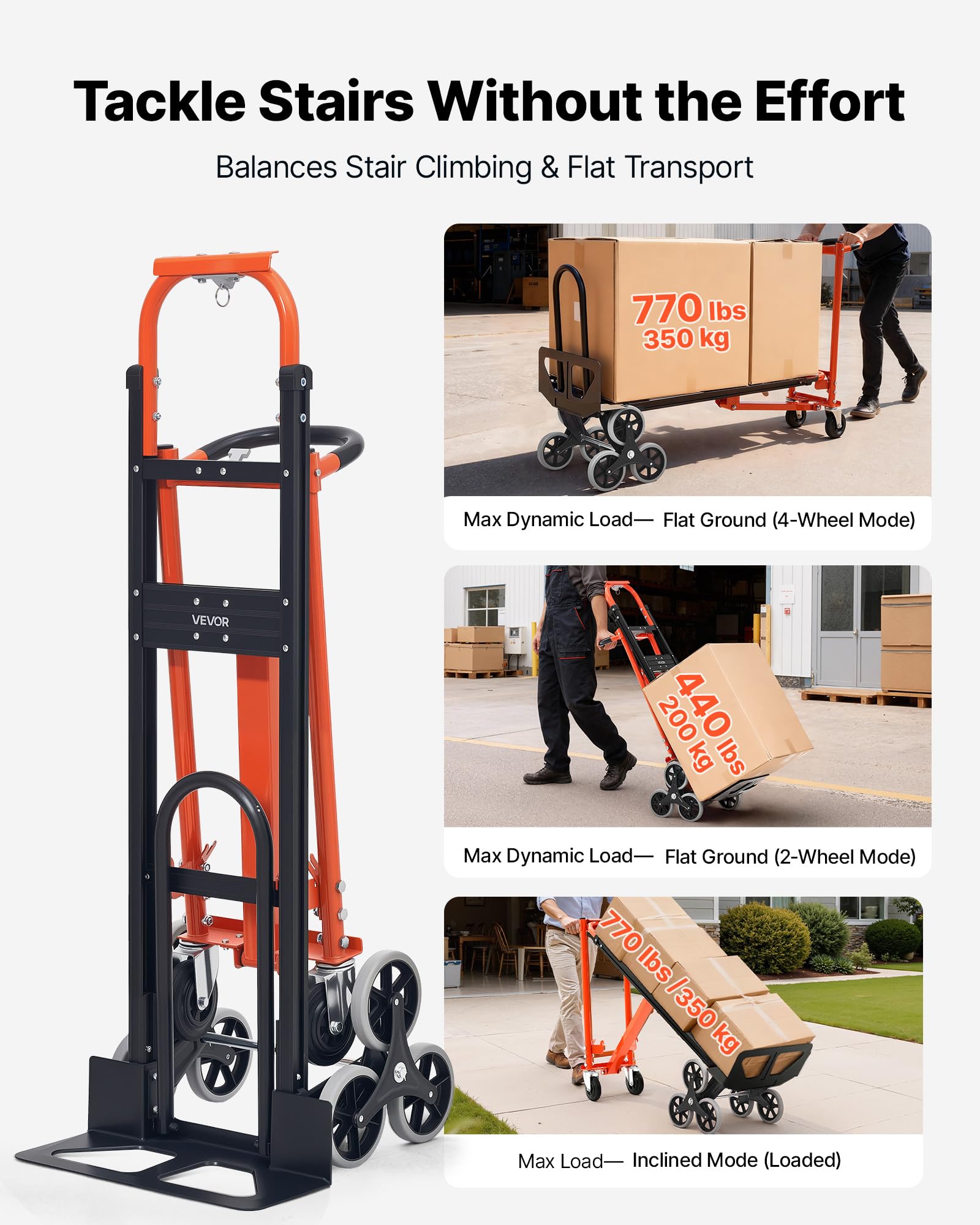VEVOR 3-in-1 Treppensackkarre, Sackkarre max. Traglast 350 kg, klappbare Transportkarre mit Griff & Rädern, Treppensteiger-Transportwagen, Stapelkarre, Treppensteigerwagen, Orange & Silber
