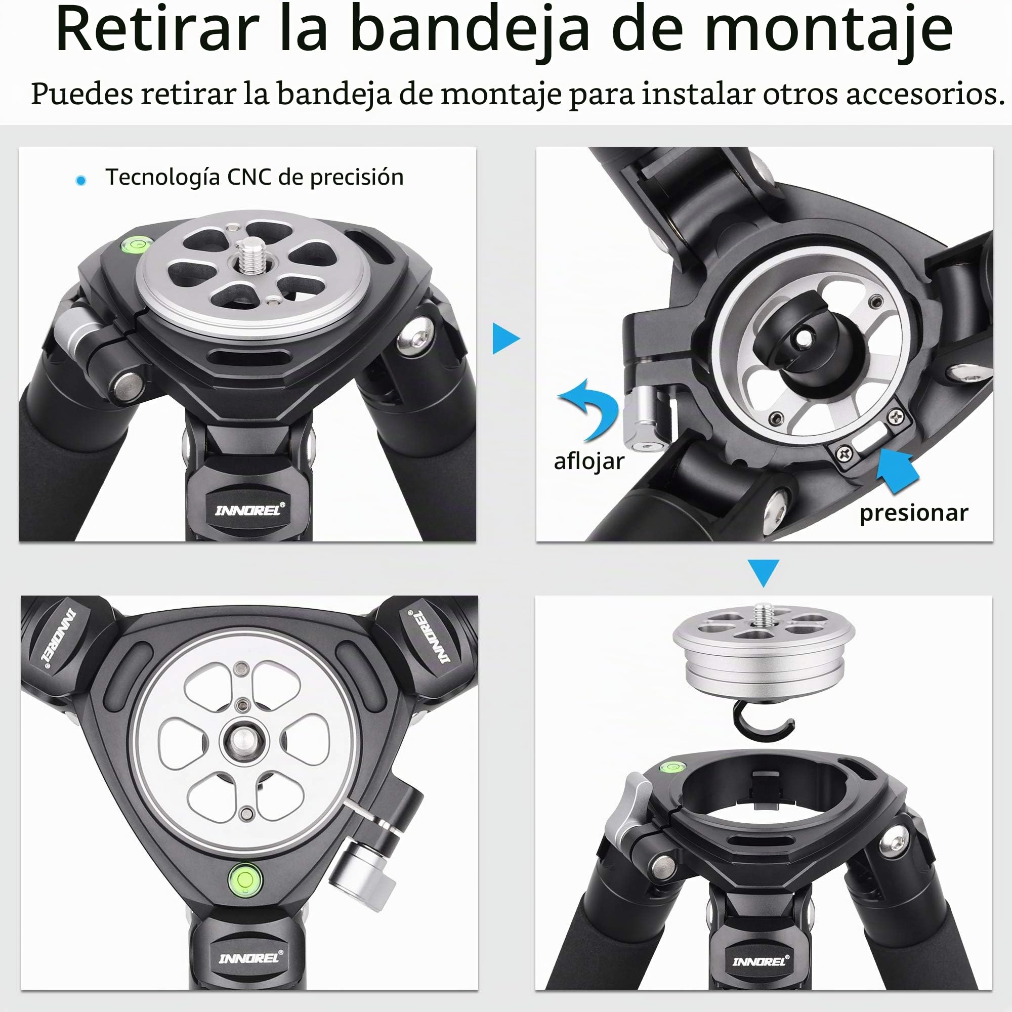 INNOREL LT364C Sistemático Trípode Fibra Carbono Fotografía Profesional 160cm/63pulgadas, 4 Secciones, Carga Máxima 35kg, Tubo Máximo φ36mm, con Bolsa/Adaptador para Tazón 75mm(Trípode+Adaptador)