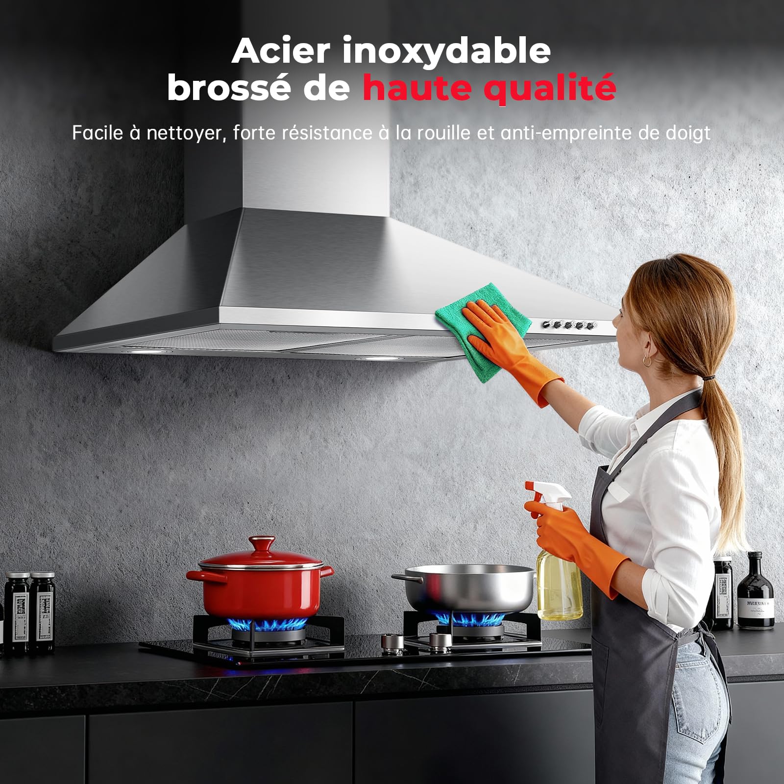 Hotte Aspirante 60cm 450m³/h Classe A+++ Inox 3 Vitesses Éclairage LED Filtre à Charbon Inclus