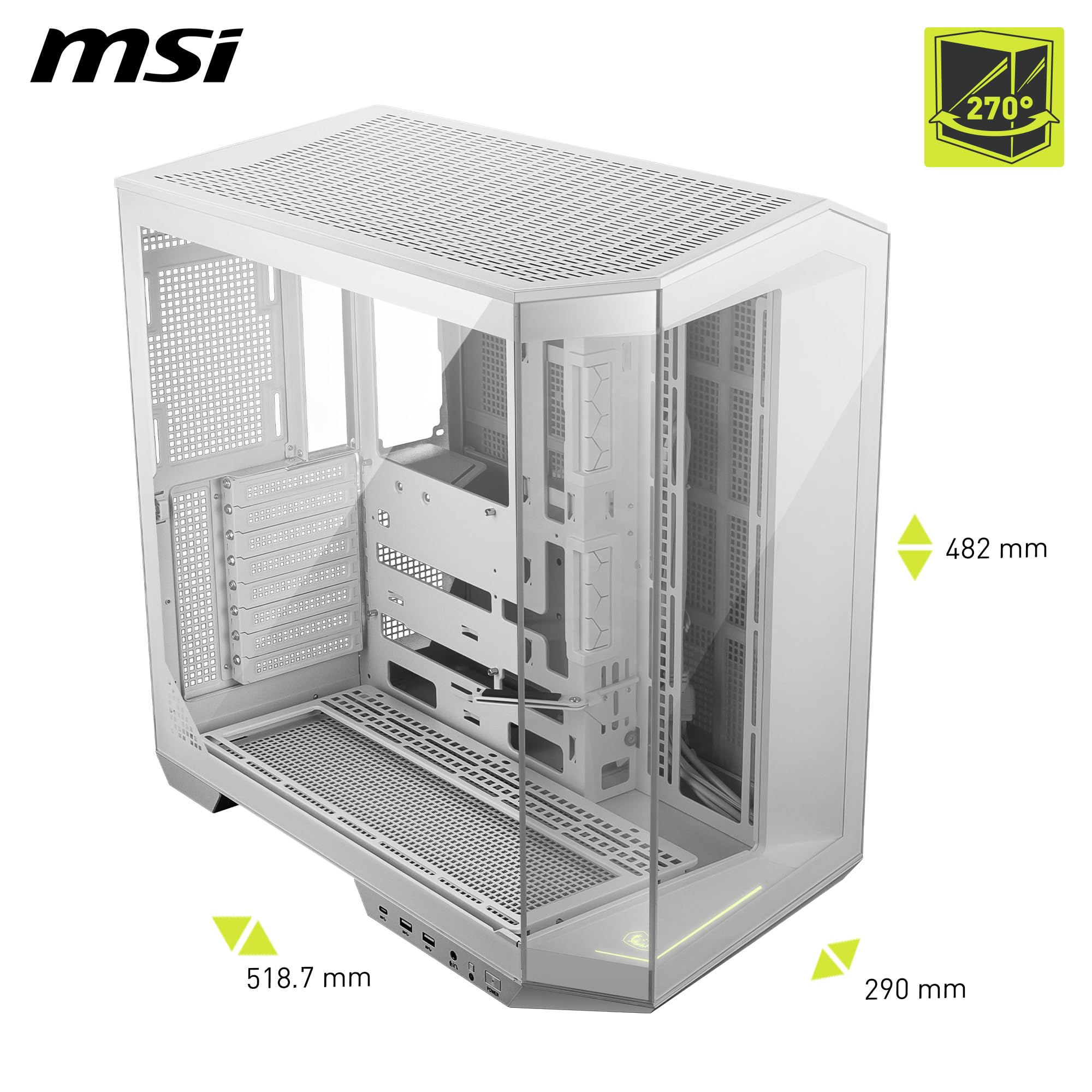 MSI MAG PANO 100L PZ WHITE ATX PC Case - Capacità ATX, staffa di installazione GPU Verical, supporto GPU, filtri antipolvere, staffa di archiviazione oscillante, doppia camera, USB 20Gbps Type-C