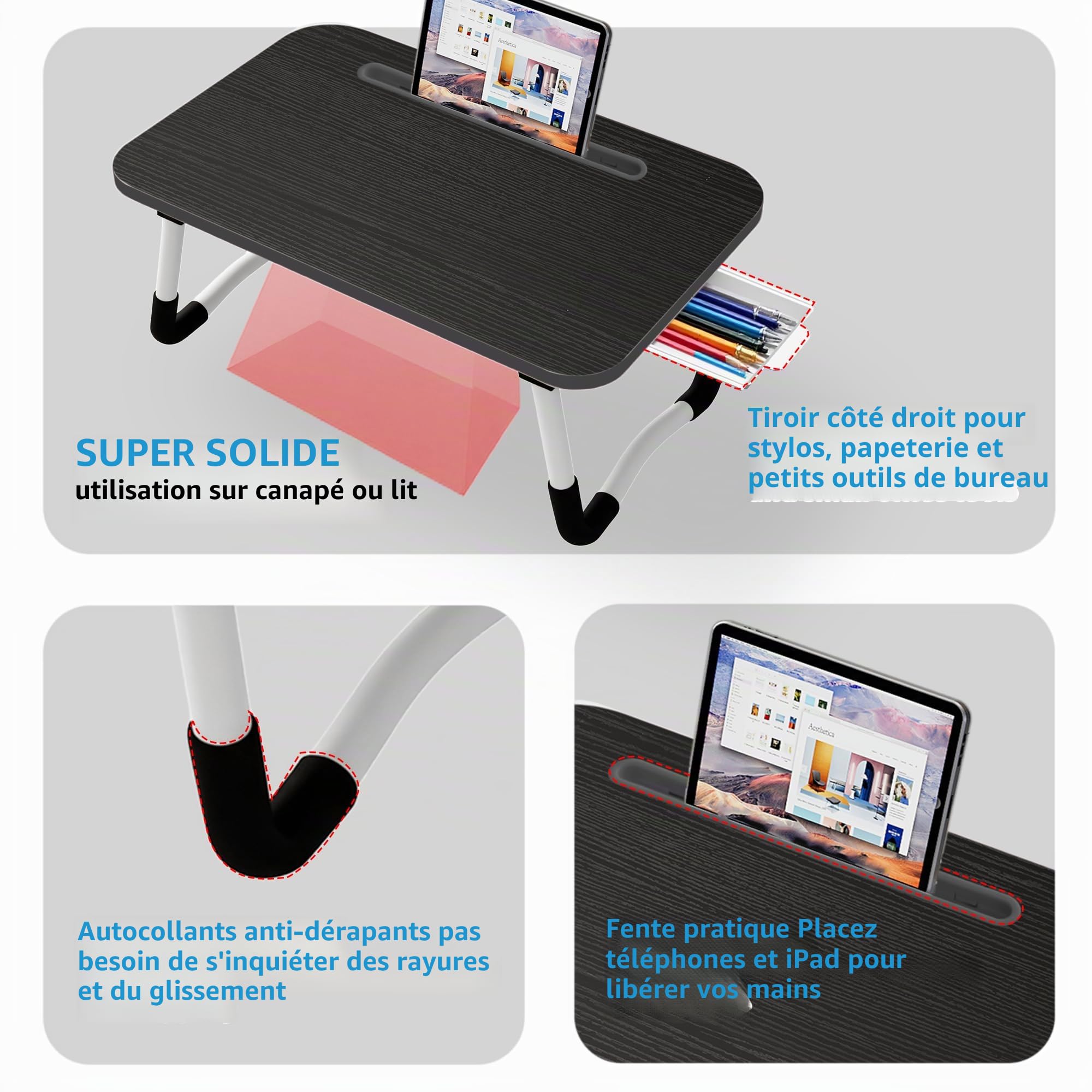 Small Bureau de lit pour Ordinateur Portable, 48 X30 CM Plateau Repas pour Petit-déjeuner au, Travail et Étude, Bureau à Domicile, Support pour canapé lit (Small Black 48x30)