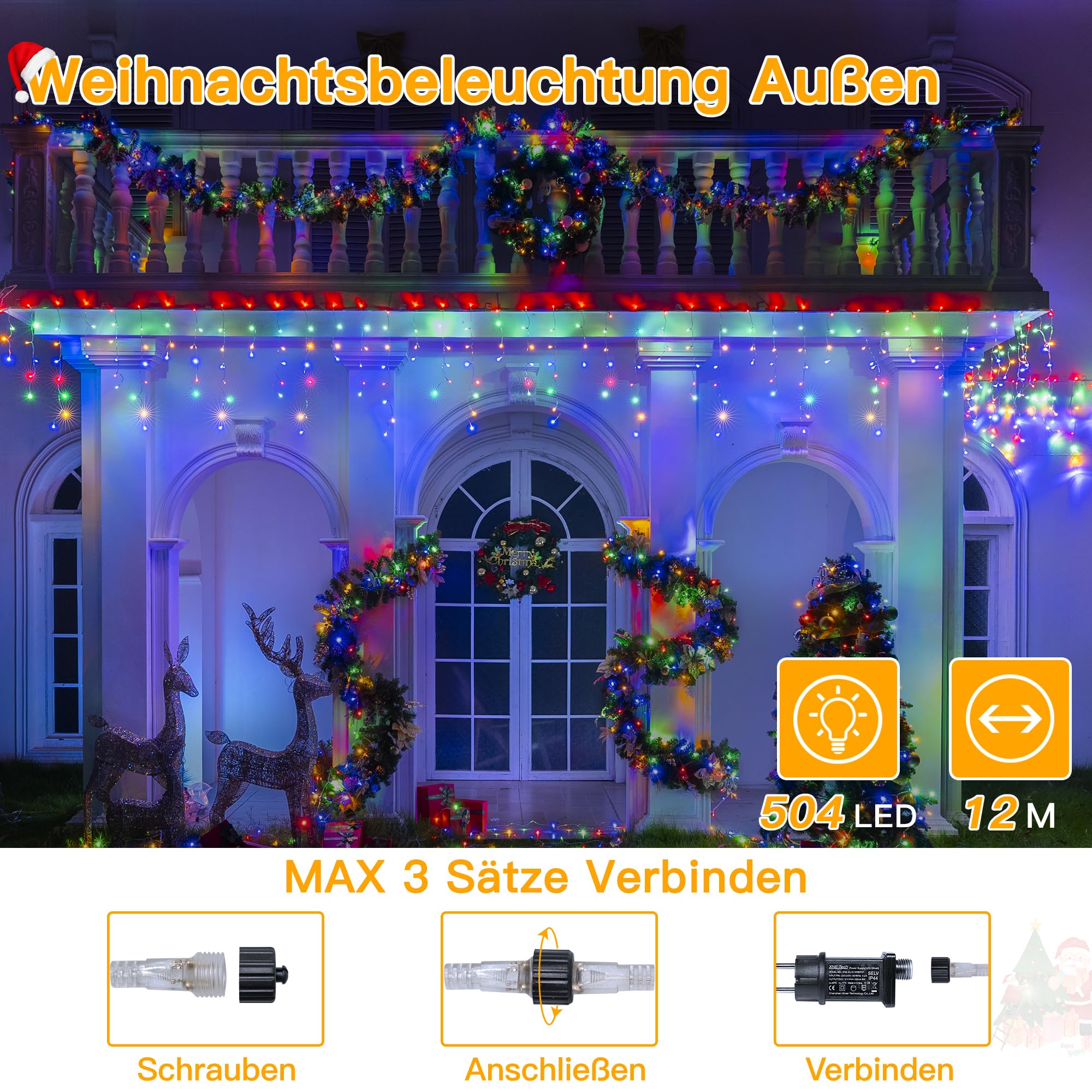 Ollny Luci Di Natale A Goccia 12m 486 LED – Bianco Freddo IP44 – 8 Modalità + Timer Per Esterno E Interno - 6
