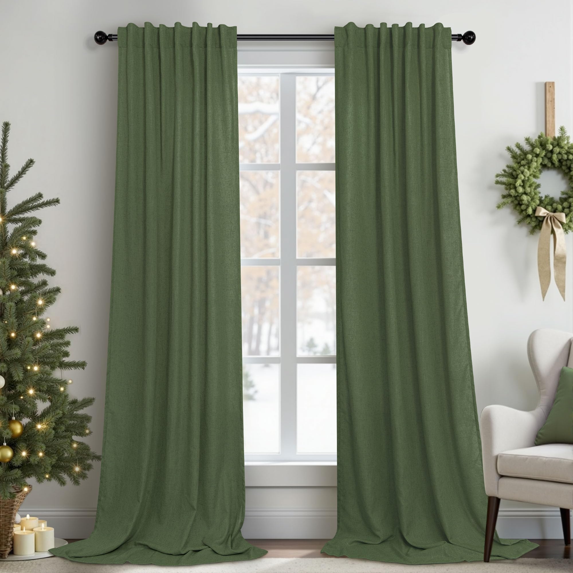 Christmas Olive Green Curtains 108 Inches Long for Living Room 2 Panels Set Back Tab Pocket Avocado Green Boho Drape Neutral Aesthetic Cottagecore