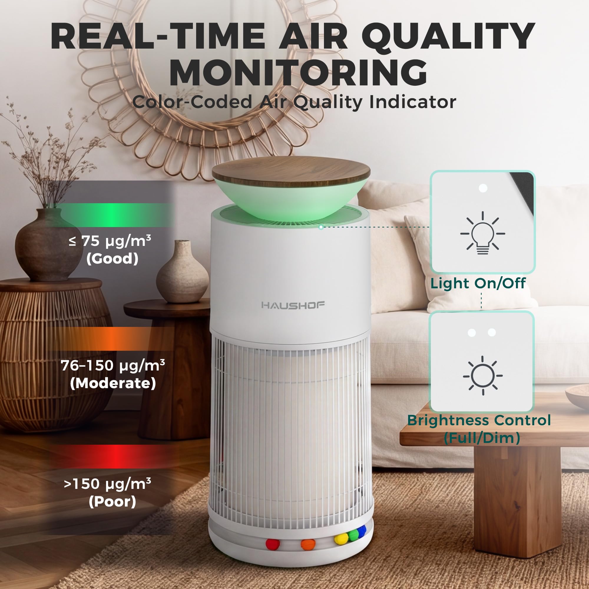 HAUSHOF HEPA H13 CADR oczyszczacz powietrza 380 m³/h do 45 m² | Filtracja 4 w 1, czujnik PM2.5, tryb zwierzaka z interaktywną platformą dla kotów i piłek, aromaterapia