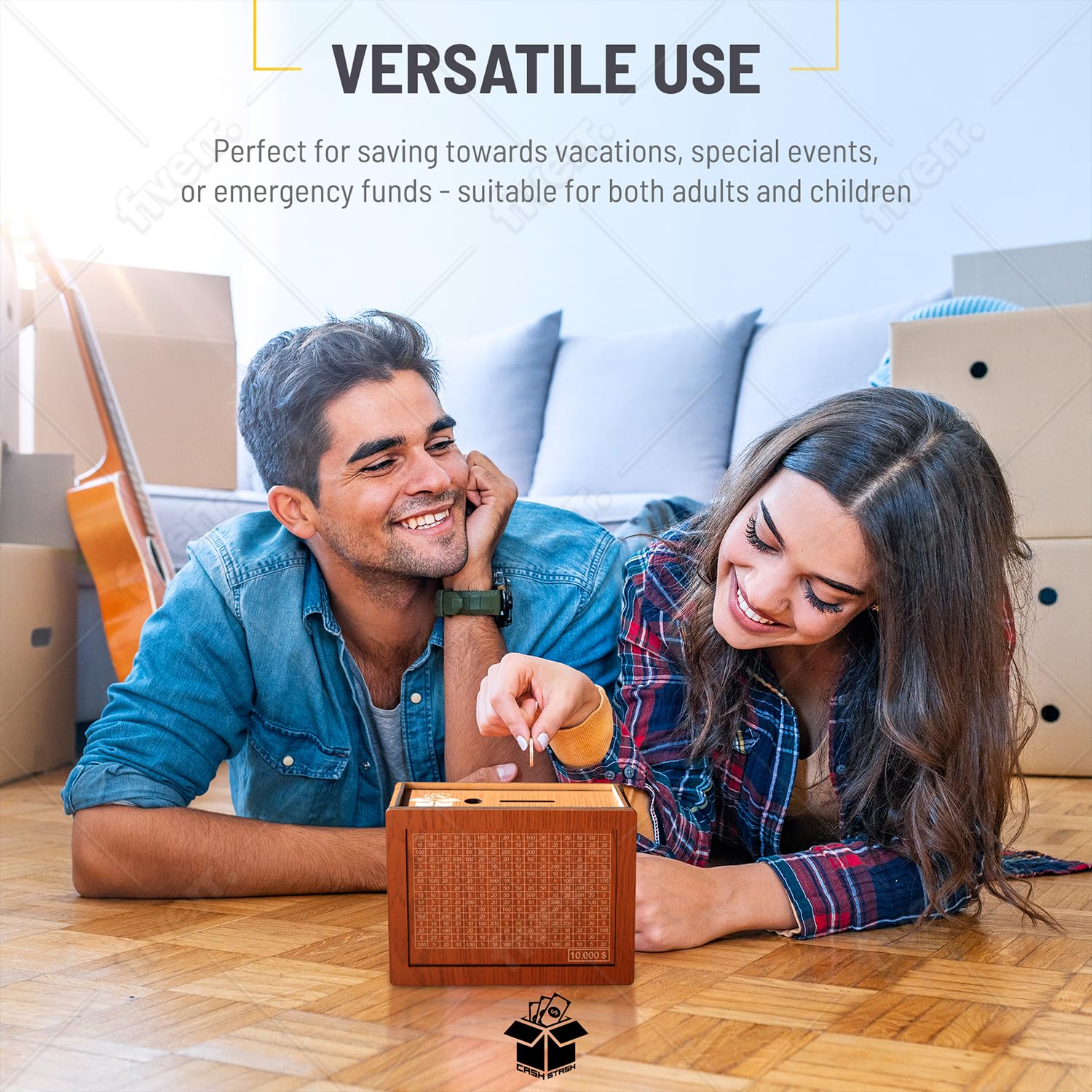 CASH STASH $10,000 Savings Challenge Box, Cash Vault, Piggy Bank for Kids Adults, Wooden