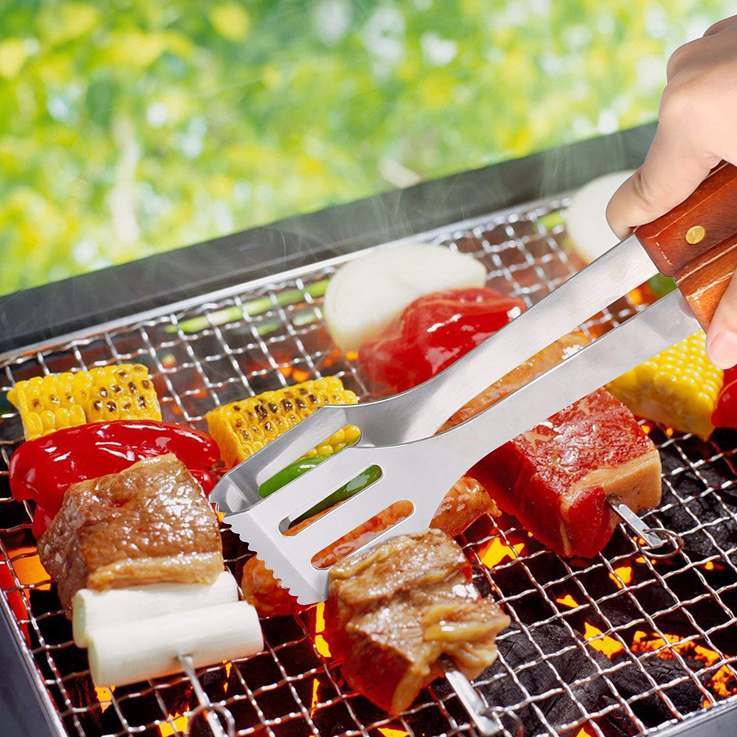 Set di Posate per Barbecue in Legno, 18 Pezzi, Set di Posate per Barbecue, Barbecue per Esterni, Barbecue, Set Barbecue, Facile da trasportare e Pulire, con Una Robusta Valigetta Nera