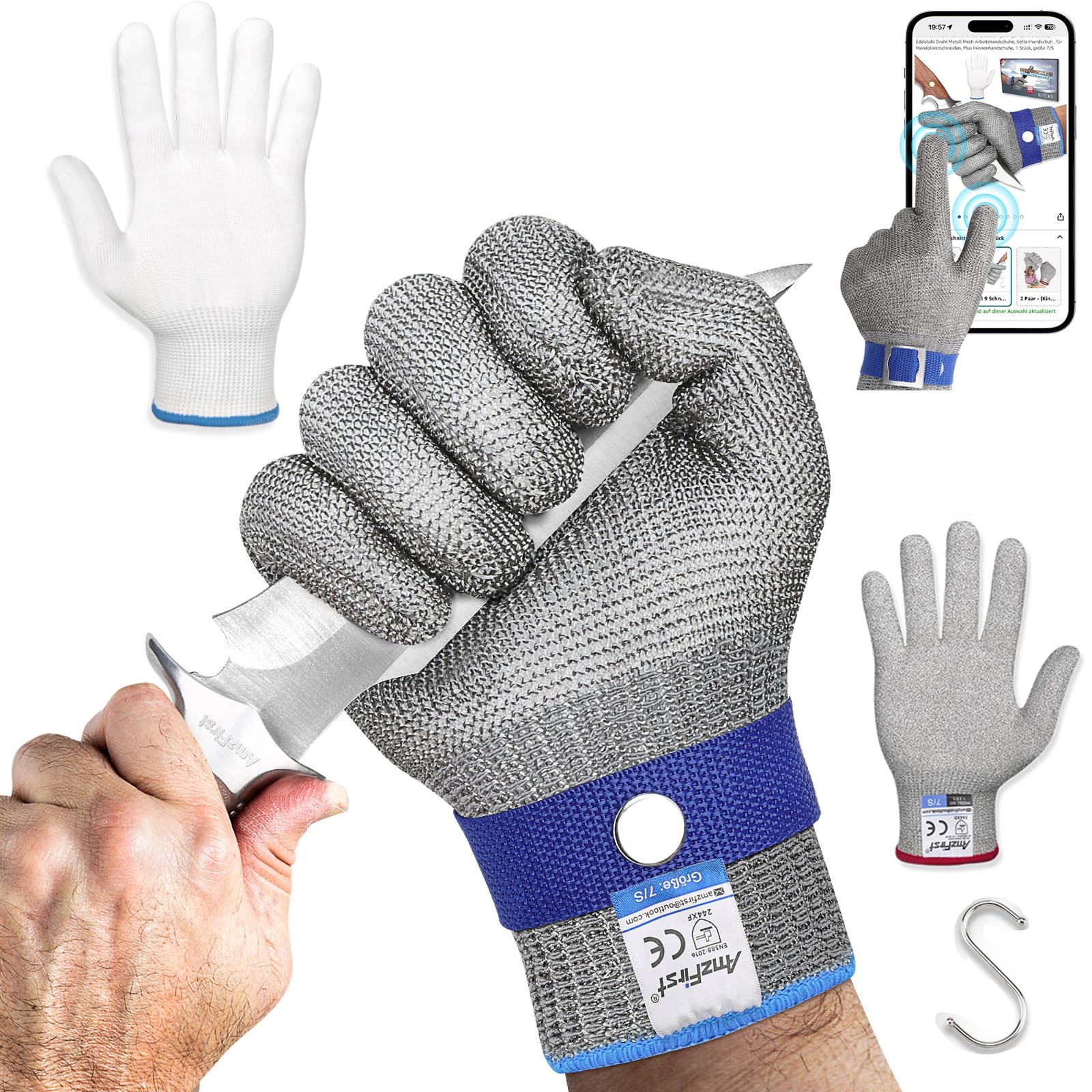 AmzFirst Schnittschutzhandschuhe küche, Leistungsfähiger Level 9 Schutz, Touchscreen Edelstahl Draht Metall Mesh Arbeitshandschuhe, Kettenhandschuh, Mandolinen Handschuhe, 1 Stück, größe 11/XXL Baumarkt
