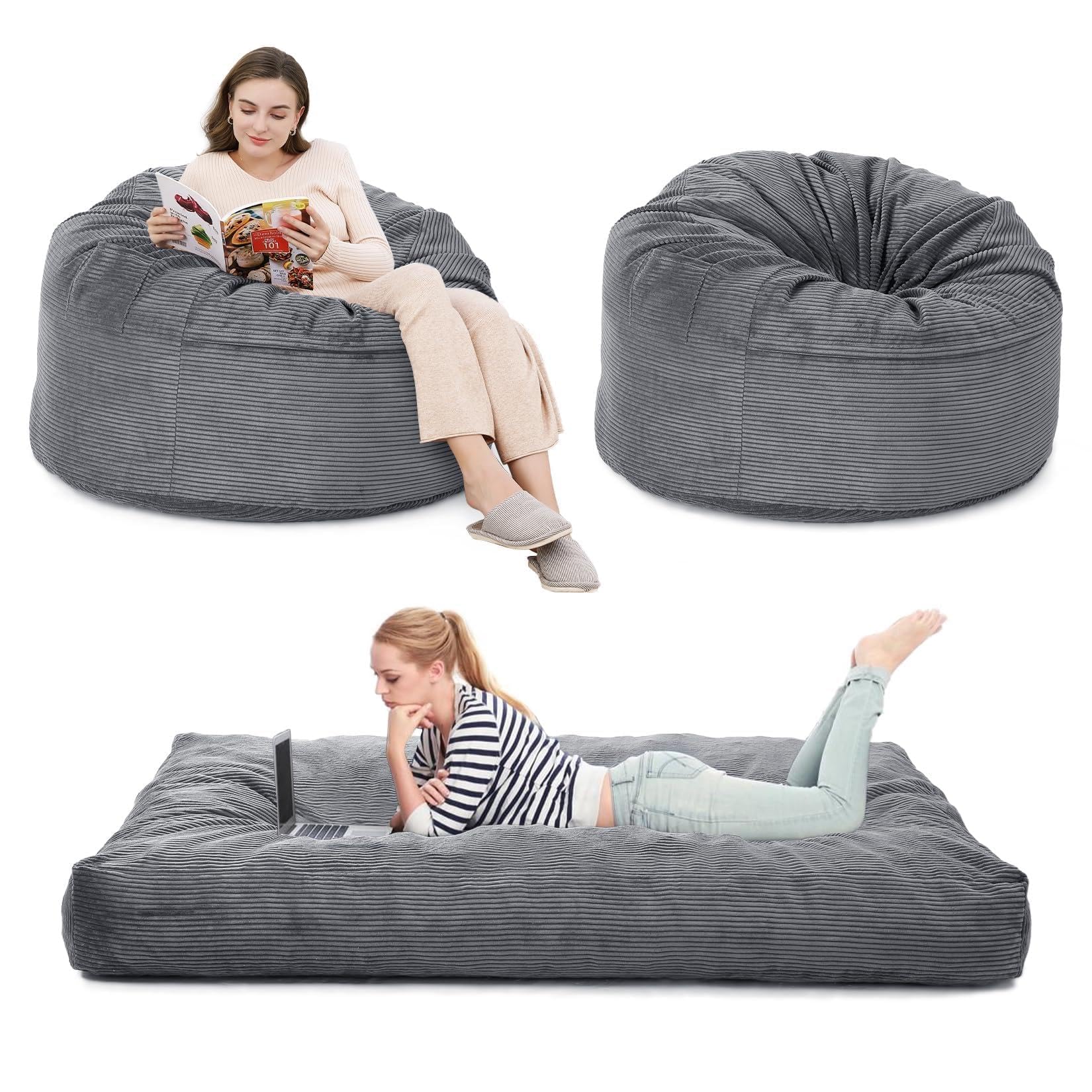 Garvee Sillón Puf Gigante De Pana para Adultos: Sofá Convertible En Colchón, Espuma De Alta Densidad, Funda Extraíble y Lavable